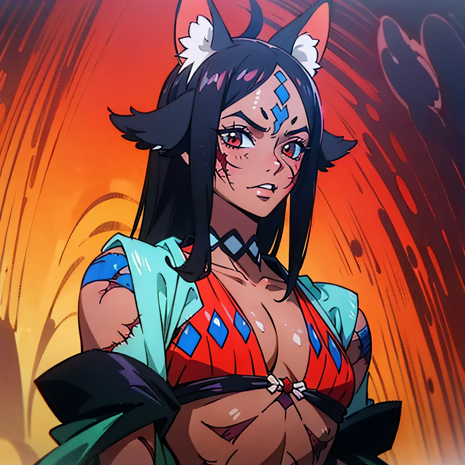 (a mature woman with dark skin and animal-like features, sporting intriguing animal ears and red scars on his face, full body, tribal clothes)