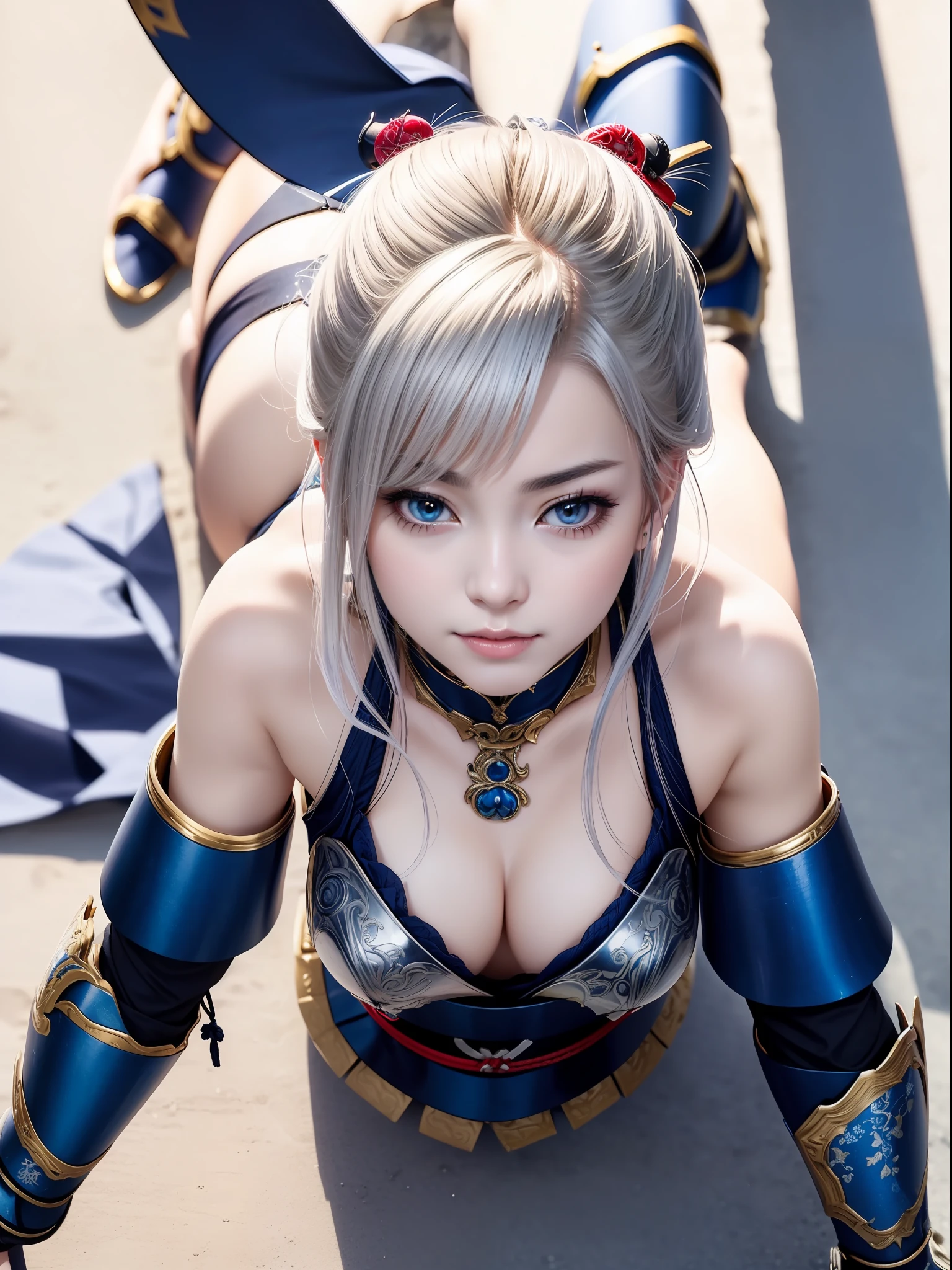 Works of masters, best qualtiy, (((hentail realism、photorealestic:1.37))), ((独奏)), 8K image quality , anextremelydelicateandbeautiful, splendid, Official art with attention to detail, Unbelievably ridiculous, hugefilesize, hyper-detailing, The is very detailed, (Pretty girl), (detailed girl), Detailed eyes and face, Beautiful detailed eyes, Light makeup, (1 girl), (perfect women figure), Slim waist, (Pretty girl in Japan), ((full bodyesbian)), With bangs, ((Samurai Japan Woman)), ((Japan blue and silver armor)), (Detailed Japan armor), (18yr old), ((Samurai Japan Woman)), ((Japan blue and silver armor)) , Wakizashi, (Detailed Japan armor), Shrines and temples,