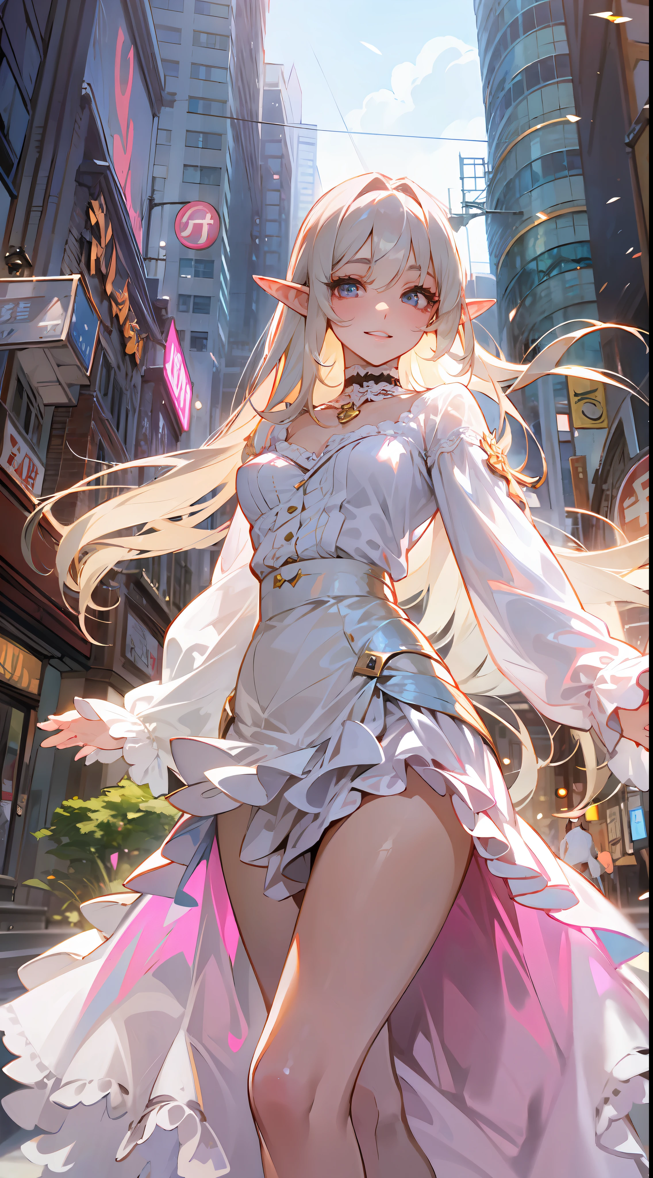 Beautiful Elf Woman、Strong sunshine、No wind、((Ruddy cheeks))、A smile、Lustrous skin、Dynamic action、Cinematic lighting、Black straight long hair、brown clean eyes、((Wearing a blouse with a lot of white ruffles))、Lace choker、Pink makeup around the eyes、Wear wine red pin heels、Long skirt、Rotate with open arms、(In the middle of the boulevard)、Realistic office district、Eyes staring at the camera