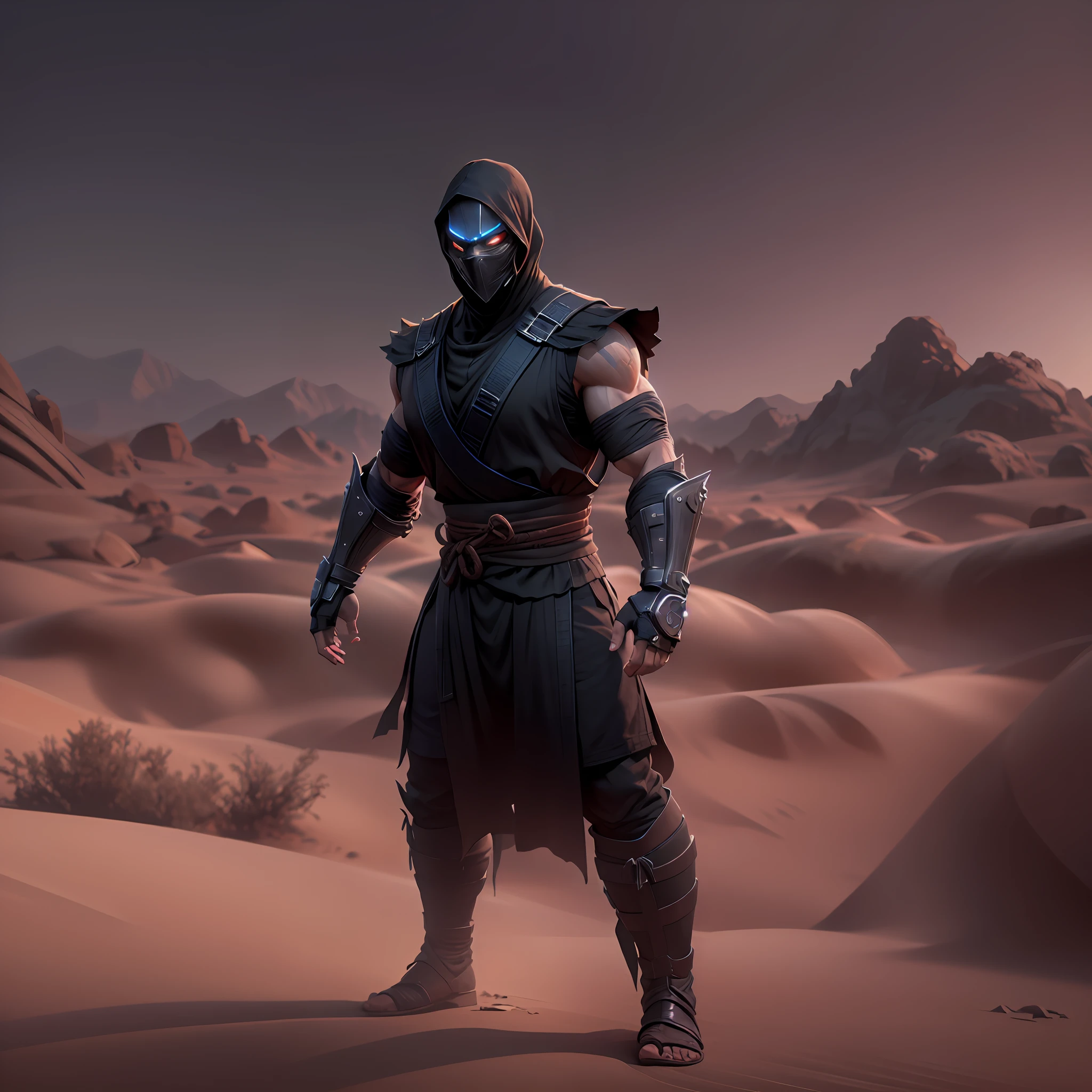 (( ultra-resolution image )), (( HDR PLUS )) , (( ultra-realistic modeling )), high-resolution , ((8k )), Tall male, 37 years old , athletic body , build ( Noob Saibot Mortal Kombat ) , cyberpunk clothing, full beard, desert,