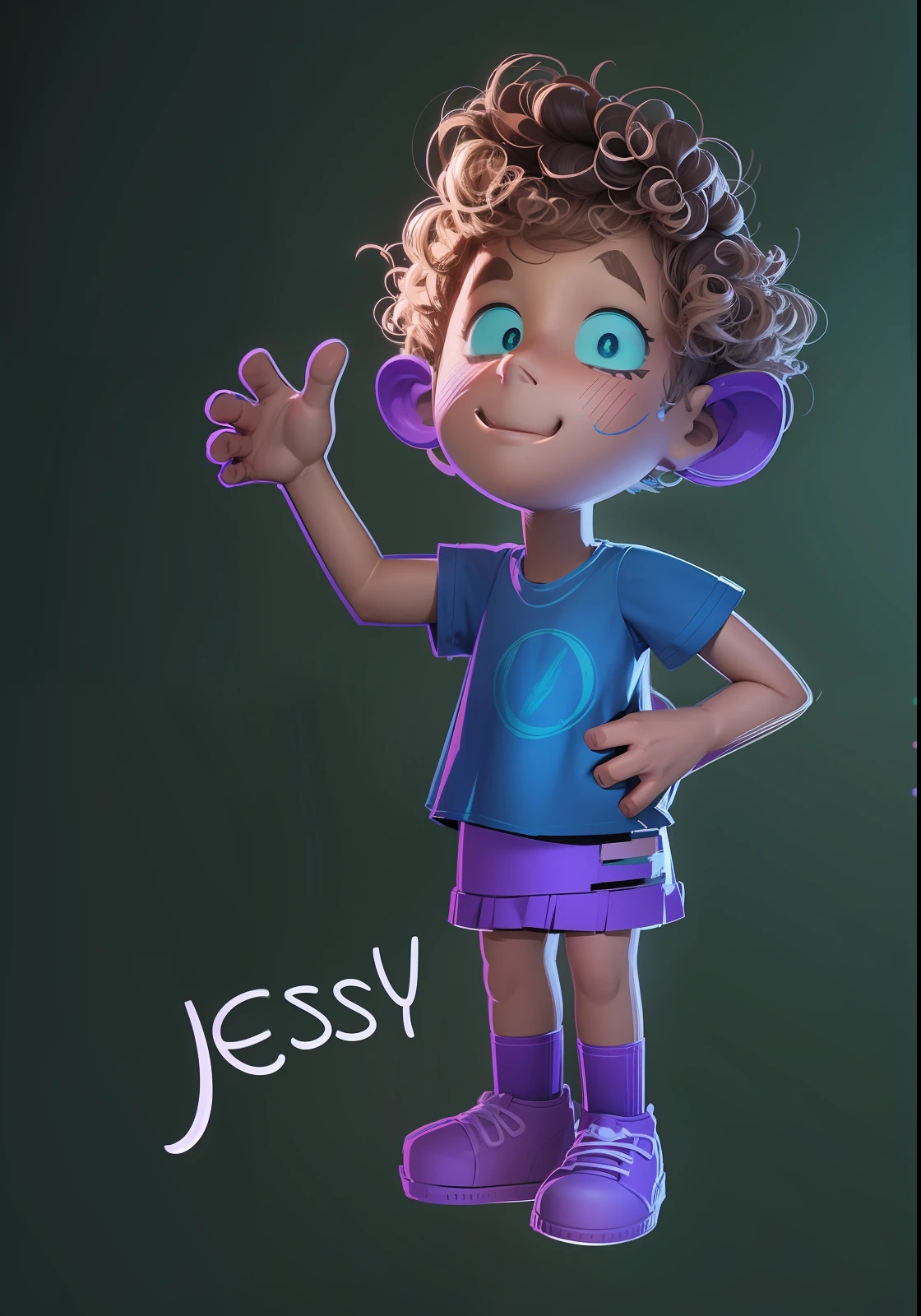 Color this sketch with brunette hair, bright white eyes, skin tone #F2CCB7, rocking a violet T-shirt paired with a short green skirt, trendy blue sneakers. Keep the original sketch style intact against a clean white background and convert to 3d model with lighting and shading.
