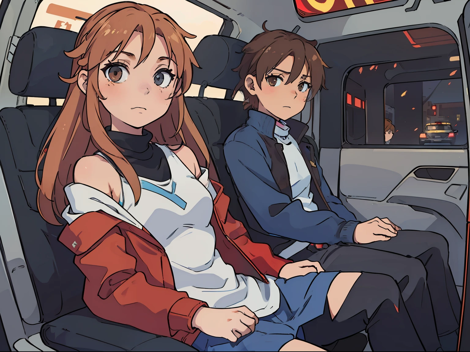 (Asuna1 sitting arms locked with Boy1 inside the taxi), (Asuna1, female, long blond hair, brown eyes, blue off-shoulder turtleneck top, red short skirt, white sandals), (Boy1, male, taller than Asuna1, short red brushed-up hair, red bandanna, brown eyes, black leather jacket, blue jeans, looking at Asuna1), inside taxi