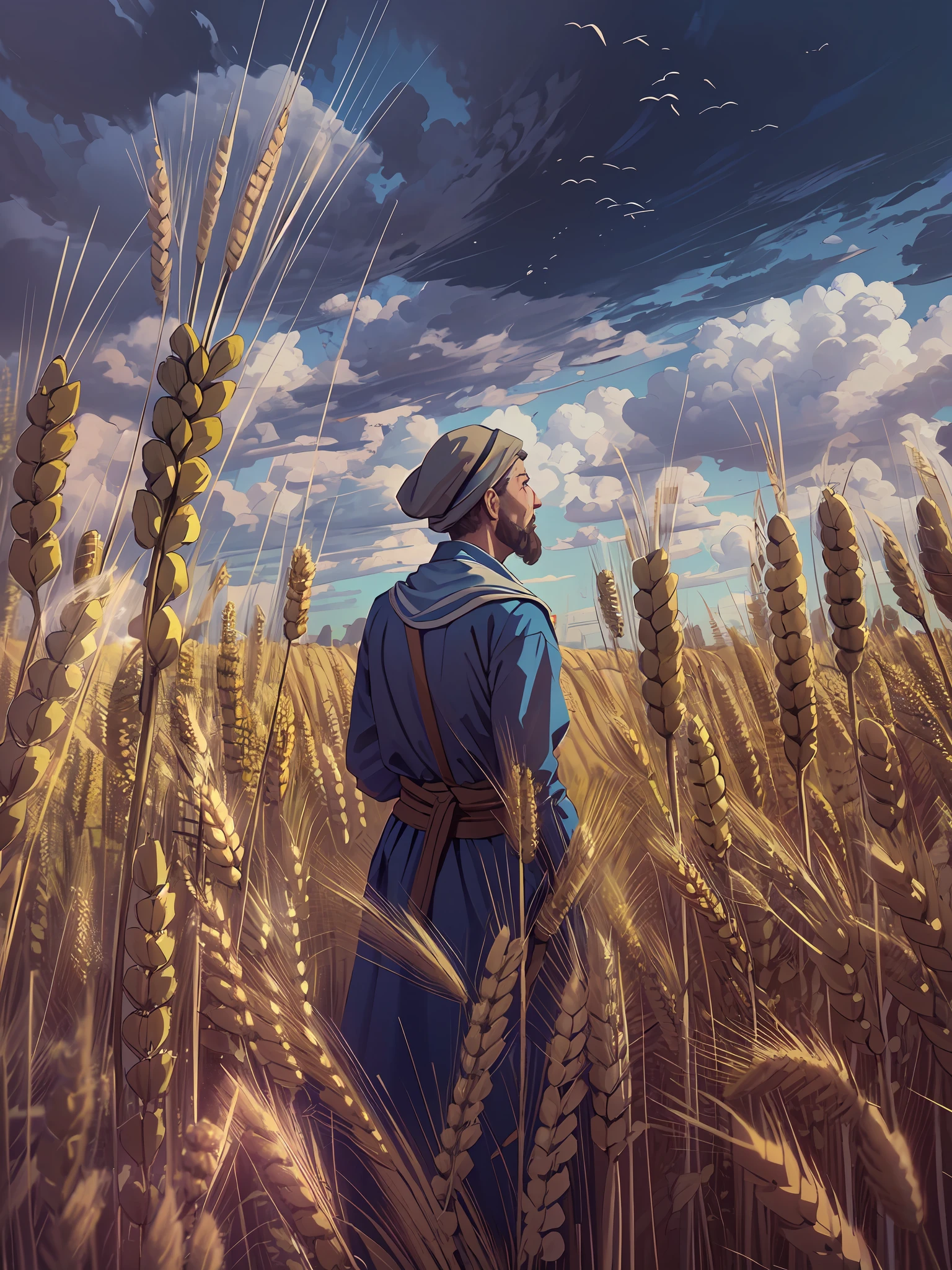 Wheat field, russian peasant standing in a wheat field, Russia, Leo Tolstoy, big clouds, blue sky, rice field, neat rice seedlings in the field, forest, hillside, secluded, rural, HD detail, hyper-detail, cinematic, surrealism, soft light, deep field focus bokeh, ray tracing and surrealism. --v6