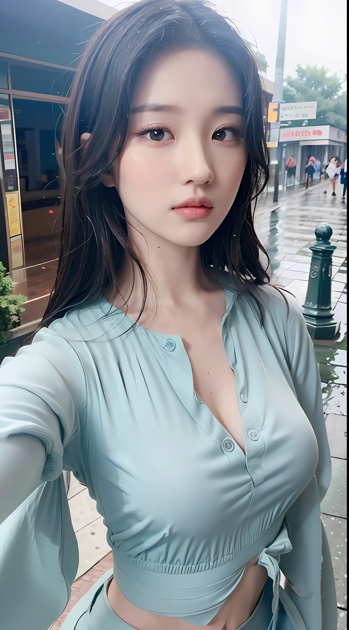 ((Best Quality, 8K, Masterpiece: 1.3)), Sharp: 1.2, Perfect Body Beauty: 1.4, Slim Abs: 1.2, ((Layered Hairstyle, Big Breasts: 1.2)), (Wet White Button Long Shirt: 1.1), (Rain, Street: 1.2), Wet: 1.5, Highly Detailed Face and Skin Texture, Detailed Eyes, Double Eyelids, Looking at the Camera