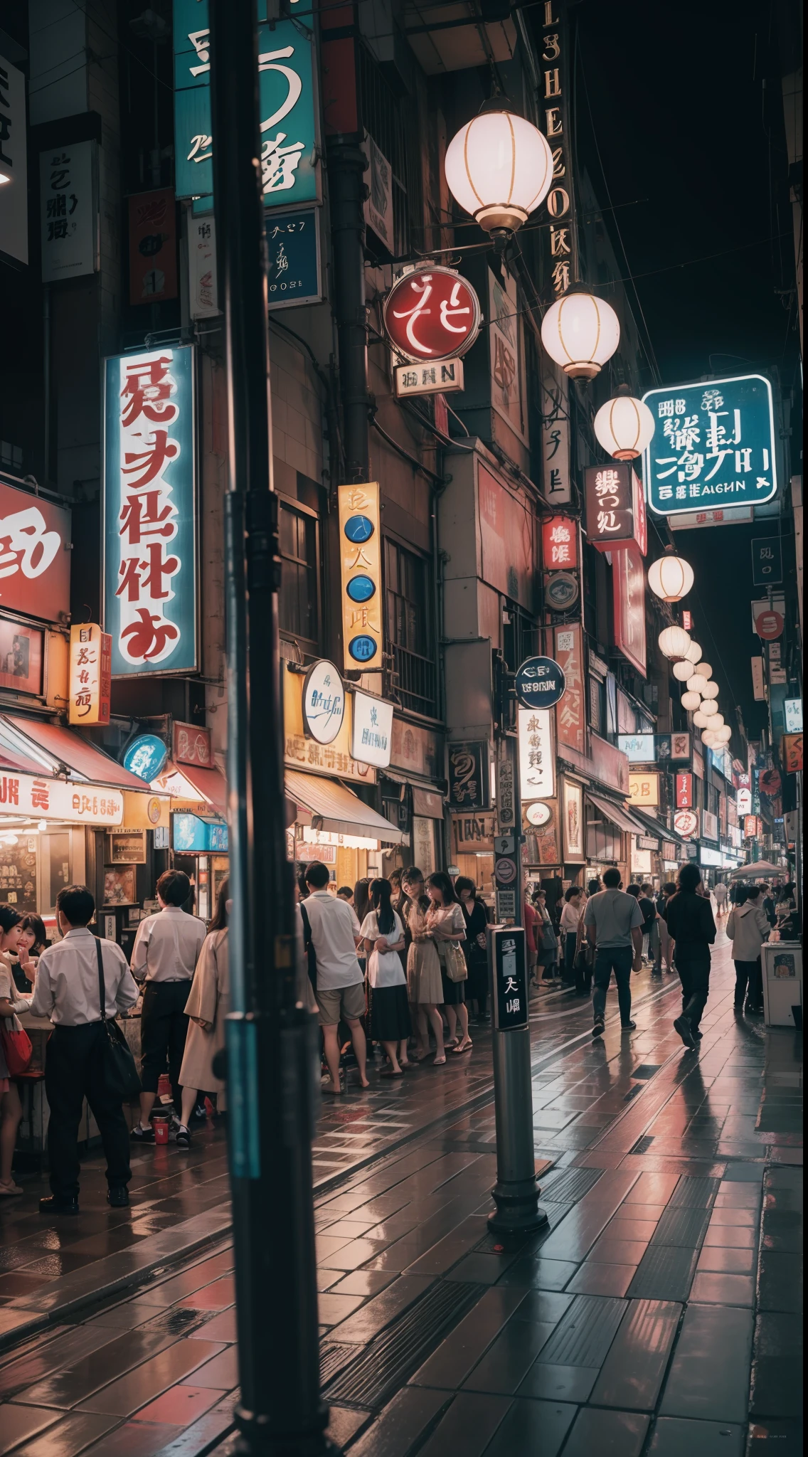 A mesmerizing photograph of Dotonbori's Entertainment District, captured with a 35mm lens, in the style of Henri Cartier-Bresson. The photography immortalizes the dynamic energy of the district, with candid shots of people enjoying the lively nightlife. The color temperature is slightly cool, emphasizing the neon lights, and streetlights cast soft, dramatic shadows. Expressions range from joy and laughter to curiosity and surprise. --v 5 --stylize 1000