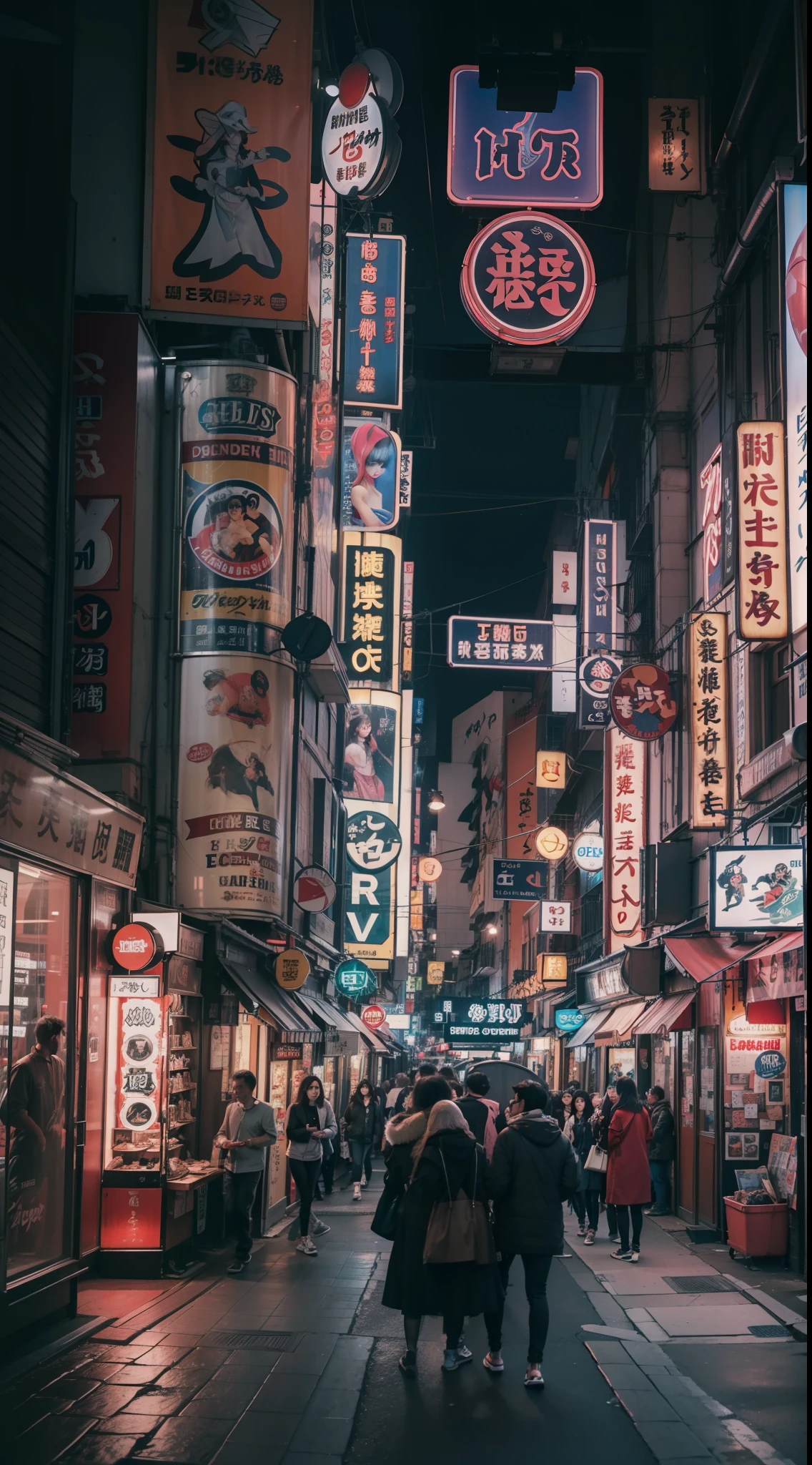 A mesmerizing photograph of Dotonbori's Entertainment District, captured with a 35mm lens, in the style of Henri Cartier-Bresson. The photography immortalizes the dynamic energy of the district, with candid shots of people enjoying the lively nightlife. The color temperature is slightly cool, emphasizing the neon lights, and streetlights cast soft, dramatic shadows. Expressions range from joy and laughter to curiosity and surprise. --v 5 --stylize 1000