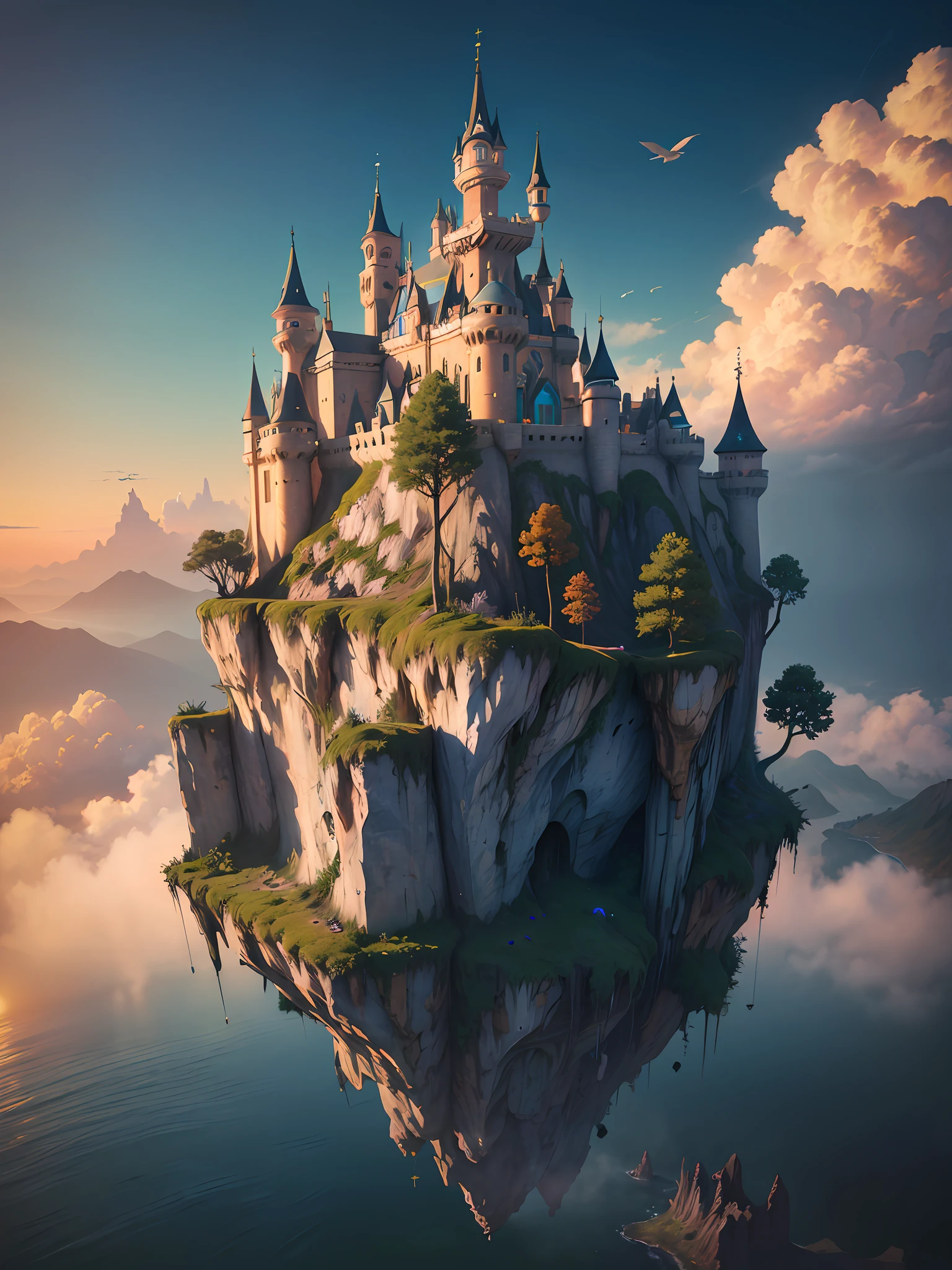 (realistic:1.2), (best quality:1.4), (masterpiece:1.2), (ultra highres:1.2), (photorealistic:1.4), (8k, RAW photo:1.2), professional lighting, photon mapping, radiosity,physically-based rendering, detailed, Castle in the Sky, surrealism, floating islands, artwork by Hayao Miyazaki, vibrant colors, dramatic lighting, epic atmosphere, cinematic view, high resolution digital artwork, trending in Artstation, 3D rendered with Unreal Engine 4, neon colors, birds around,