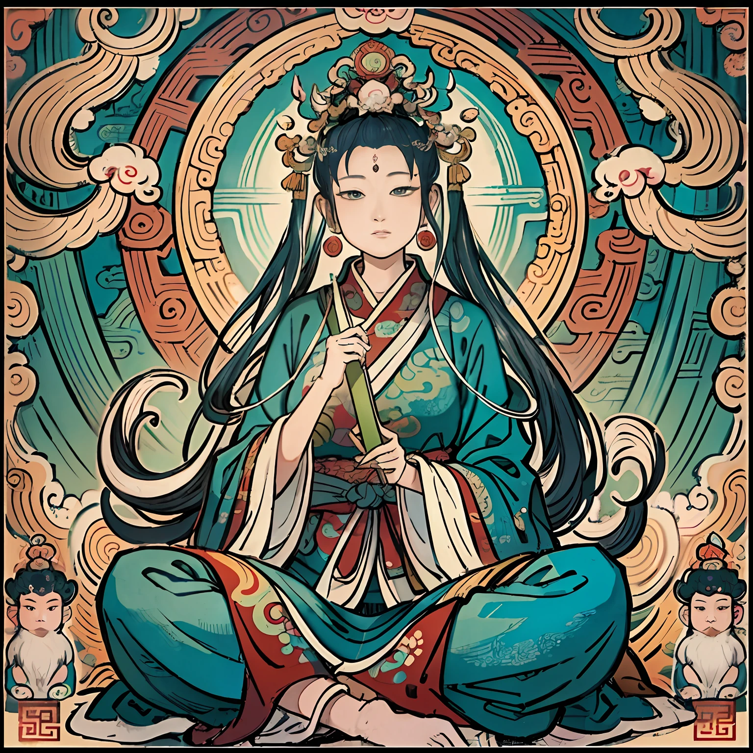 an ancient Chinese goddess, guanyin of the southern seas, Guanyin, Inspired by India, Avalokiteshvara rides a dragon,Serene expression,shui mo hua,Buddha,Buddhist,Lotus,Chinese painting style,Thangka style