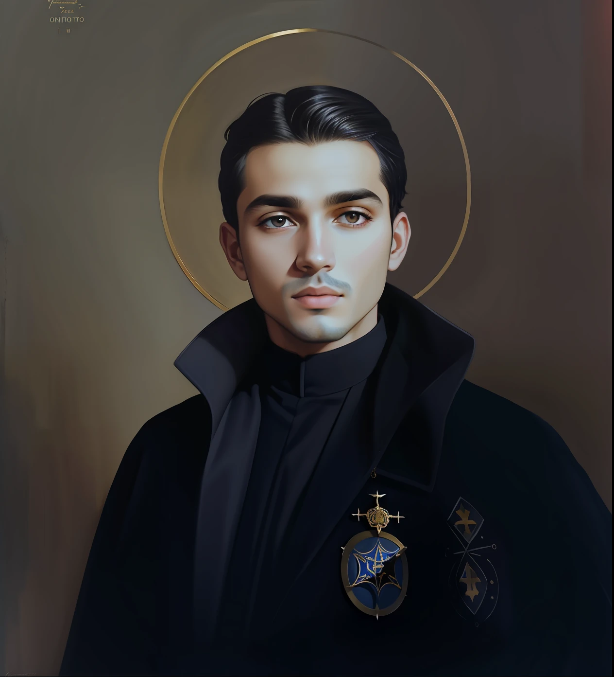 uma pintura de um homem com um manto preto com uma cruz no peito, portrait of saint of the pit, Retrato gracioso santo, christian saint rosace, ezio, Vicotr Hugo Harmatiuk, Nikolay Georgiev, Santo ortodoxo, Theodore Chasseriau, inspired by Thomas Aquinas Daly, inspirado em Roman Bezpalkiv