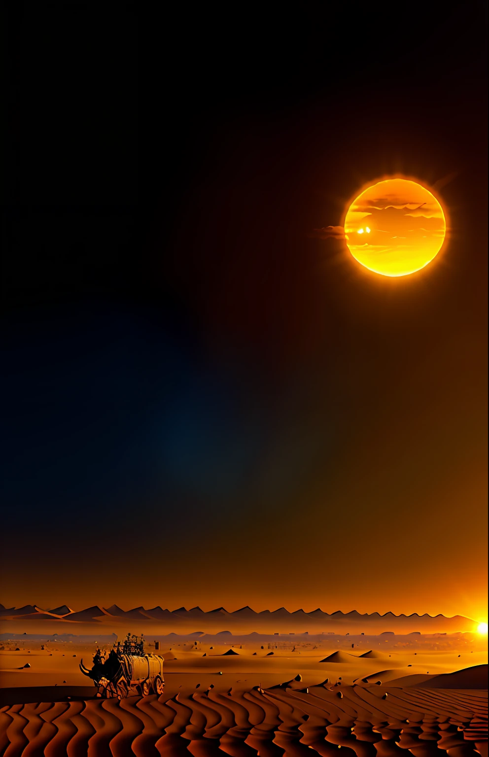 Very charming sun over Sertau, desert, With a blend of orange, Roses and yellow. The head of a dead bull in the desert sands, the flag of Libya flutters, a soldier returning from war