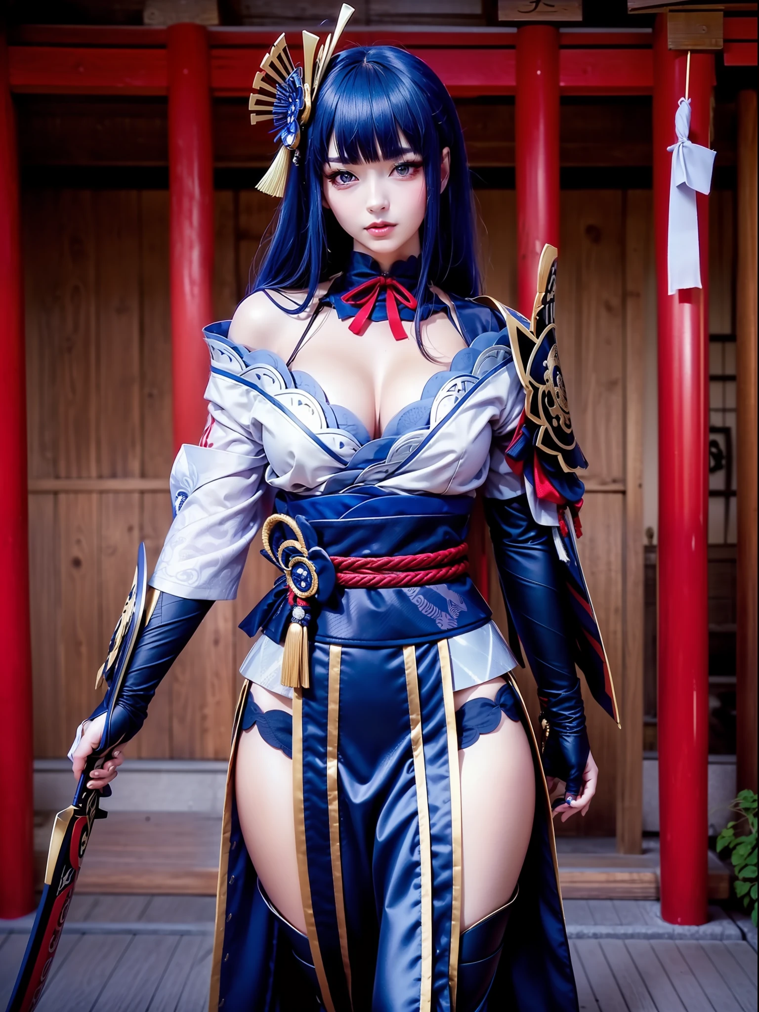 Works of masters, best qualtiy, (((hentail realism、photorealestic:1.37))), ((独奏)), 8K image quality , anextremelydelicateandbeautiful, splendid, Official art with attention to detail, Unbelievably ridiculous, hugefilesize, Hyper-detailing, The is very detailed, (Pretty girl), (detailed girl), Detailed eyes and face, Beautiful detailed eyes, Light makeup, (1 girl), (perfect women figure), Slim waist, (Pretty girl in Japan), ((full bodyesbian)), With bangs, ((Samurai Japan Woman)),  ((Japan blue and silver armor)), (Detailed Japan armor), (18yr old), ((Samurai Japan Woman)), ((Japan blue and silver armor)) , Wakizashi, (Detailed Japan armor), Shrines and temples,