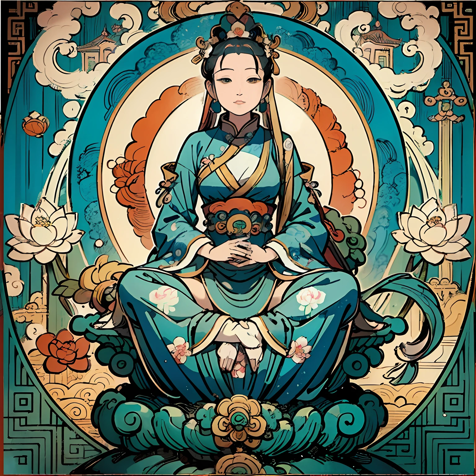 Woman sitting on a lotus,guanyin of the southern seas,Guanyin,contented female bodhisattva,jade sculpture,bodhisattva,queen of the sea mu yanling,serene,Serene expression,shui mo hua,Buddha,Buddhist,Lotus,Chinese painting style,Thangka style