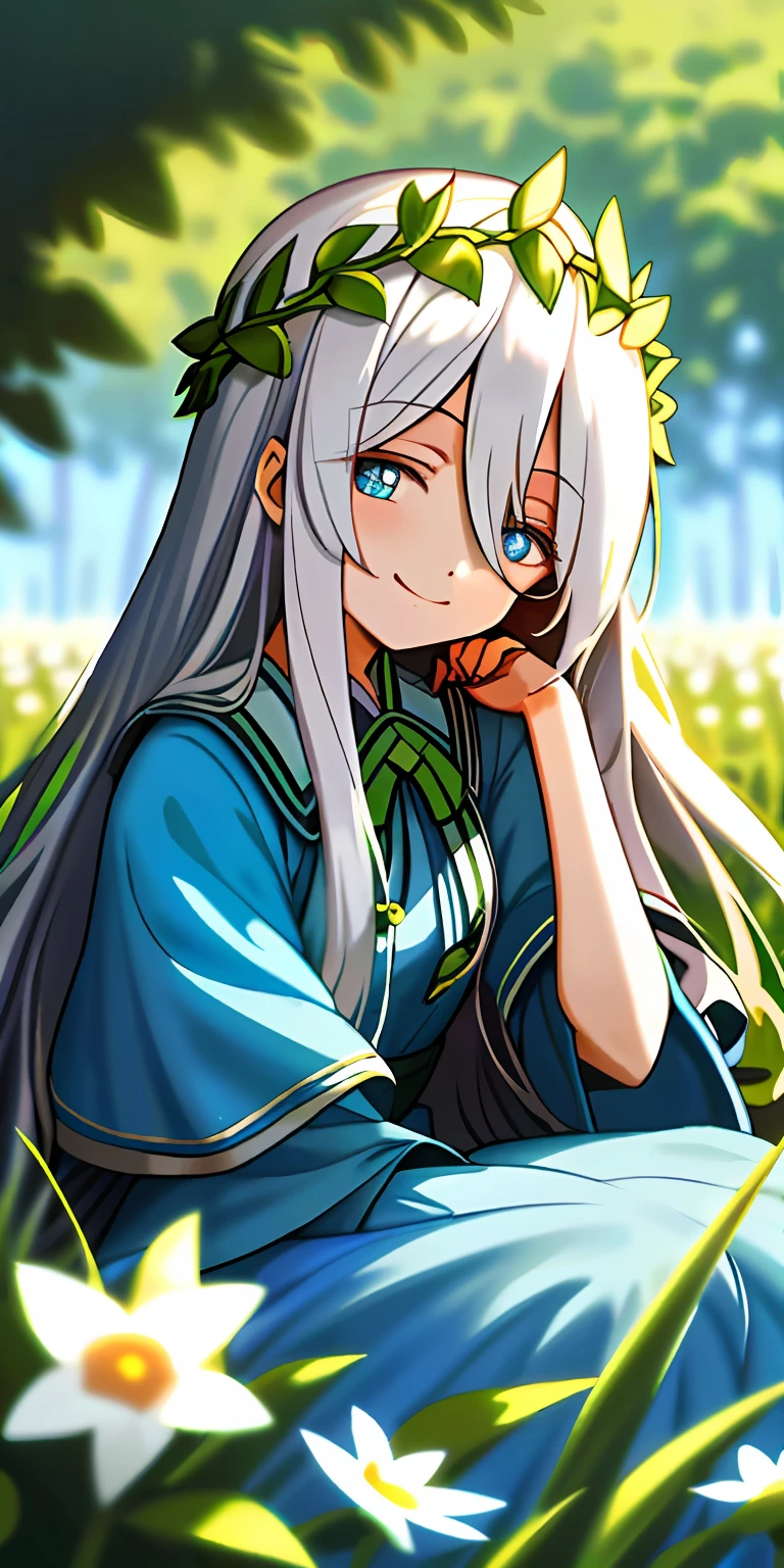 (tmasterpiece,best qualtiy),A long-haired loli with white hair sits in a field of greenery and flowers,She has blue pupils,her hand under her chin,She wears a garland,Cover your right eye,and she smiling,warmly lit,She wore a sky blue dress,Blurred foreground