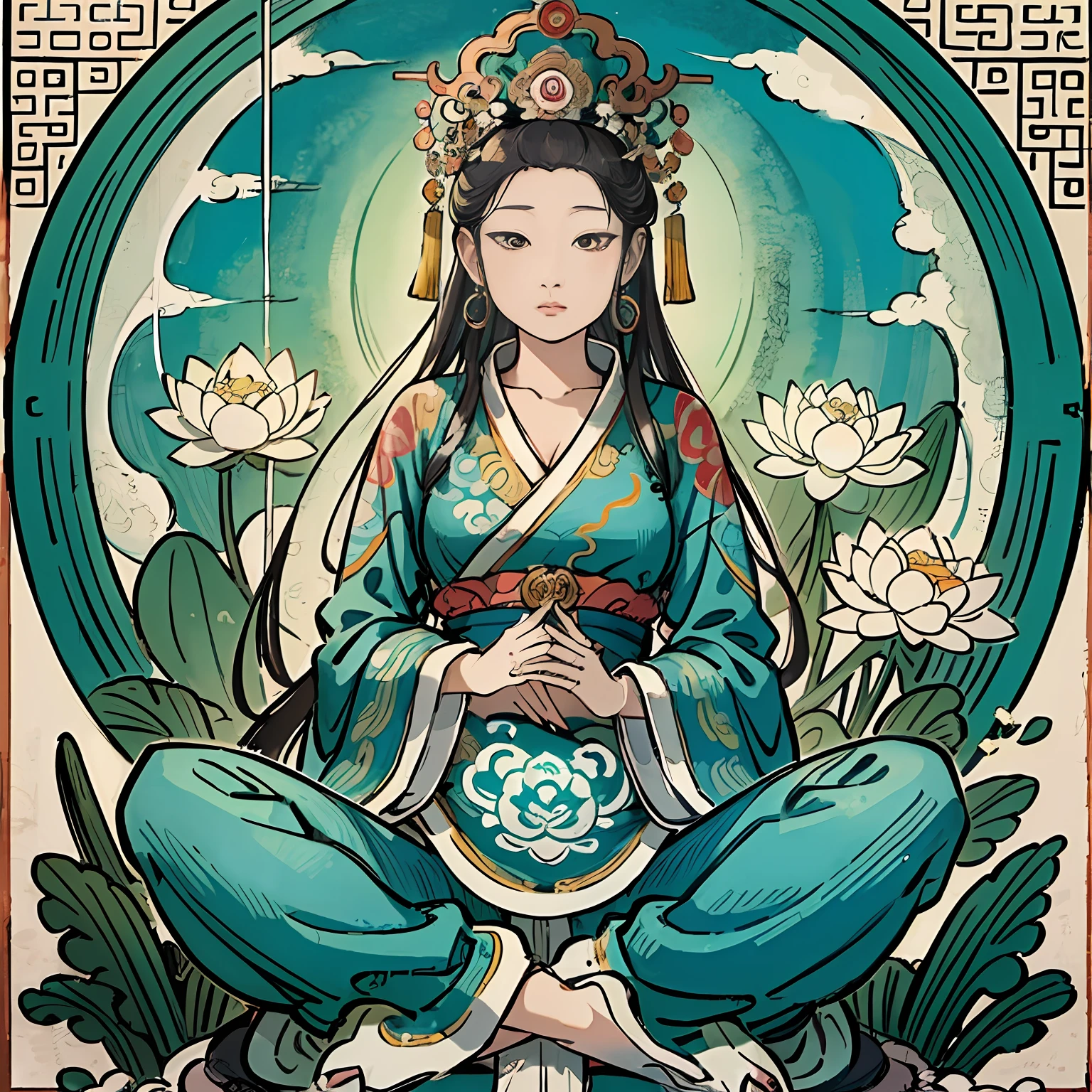 Woman sitting on a lotus,guanyin of the southern seas,Guanyin,contented female bodhisattva,jade sculpture,bodhisattva,queen of the sea mu yanling,serene,Serene expression,shui mo hua,Buddha,Buddhist,Lotus,Chinese painting style,Thangka style