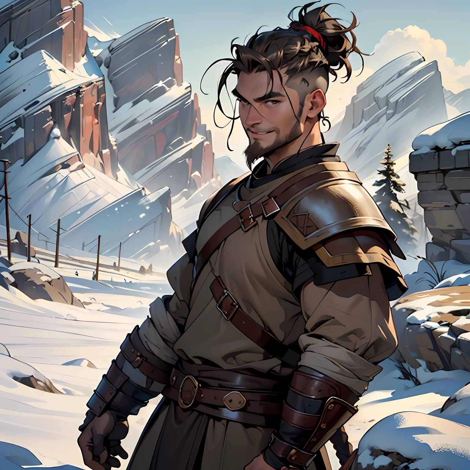 ((Cinematic light, Best quality, 8k, Masterpiece :1.3)), (extremely detailed:1.2), (extremely detailed face), (photorealistic:1.2), (ultra detailed), 8k, (((1guy))), man, ((full body shot)), ((brown man bun)), crazy smile,  look at viewer, snowy mountains background, 8k, uhd, soft lighting, high , 8k, golden ratio, intricate, High Detail, soft focus, brown, ((viking clothing)), (viking clothing), ((front body)), leather pauldrons, multi pauldrons, boy, leather archer armor, beautiful, ((fair skin)), viking, ((undercut man bun)), looking from the side at the viewer, smile