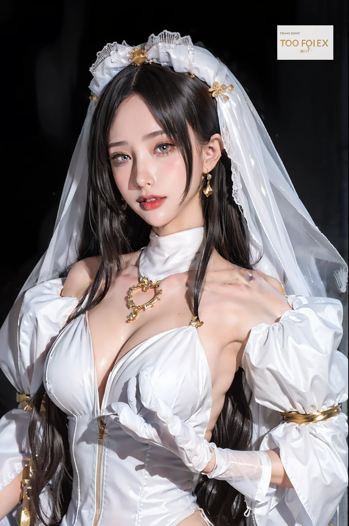 1girl, solp, portrait, upper body, Wedding dress front design drawing,Solid white,Balloon sleeves,whitegloves,Shoulder pads,Skin exposure is minimal,Cover your shoulders,high-necked,Teardrop-shaped cutouts on the chest,There is a gold pattern on the front,Rectangular gold pattern,The package is tight