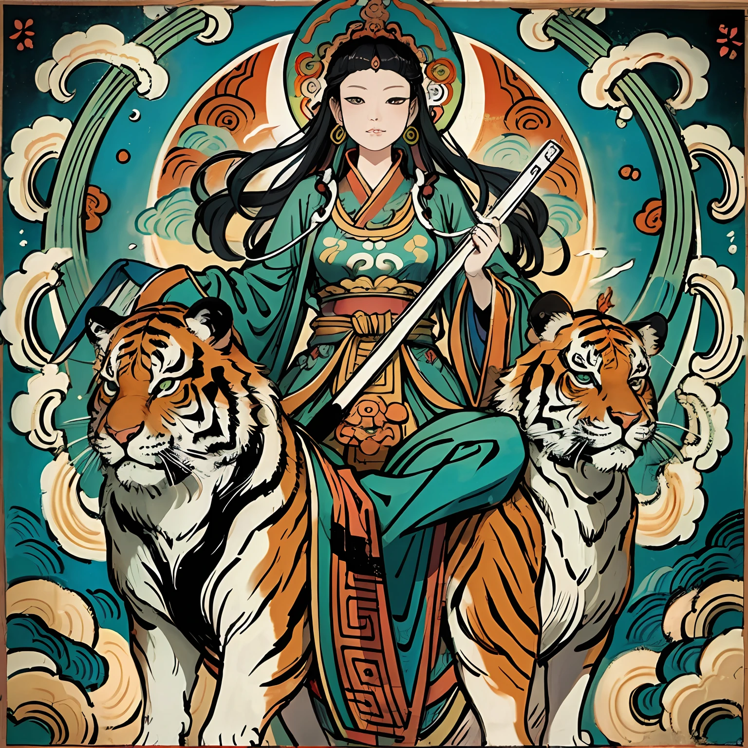 an ancient Chinese goddess, guanyin of the southern seas, Guanyin, Inspired by India, Avalokiteshvara rides a tiger,Serene expression,shui mo hua,Buddha,Buddhist,Lotus,Chinese painting style,Thangka style