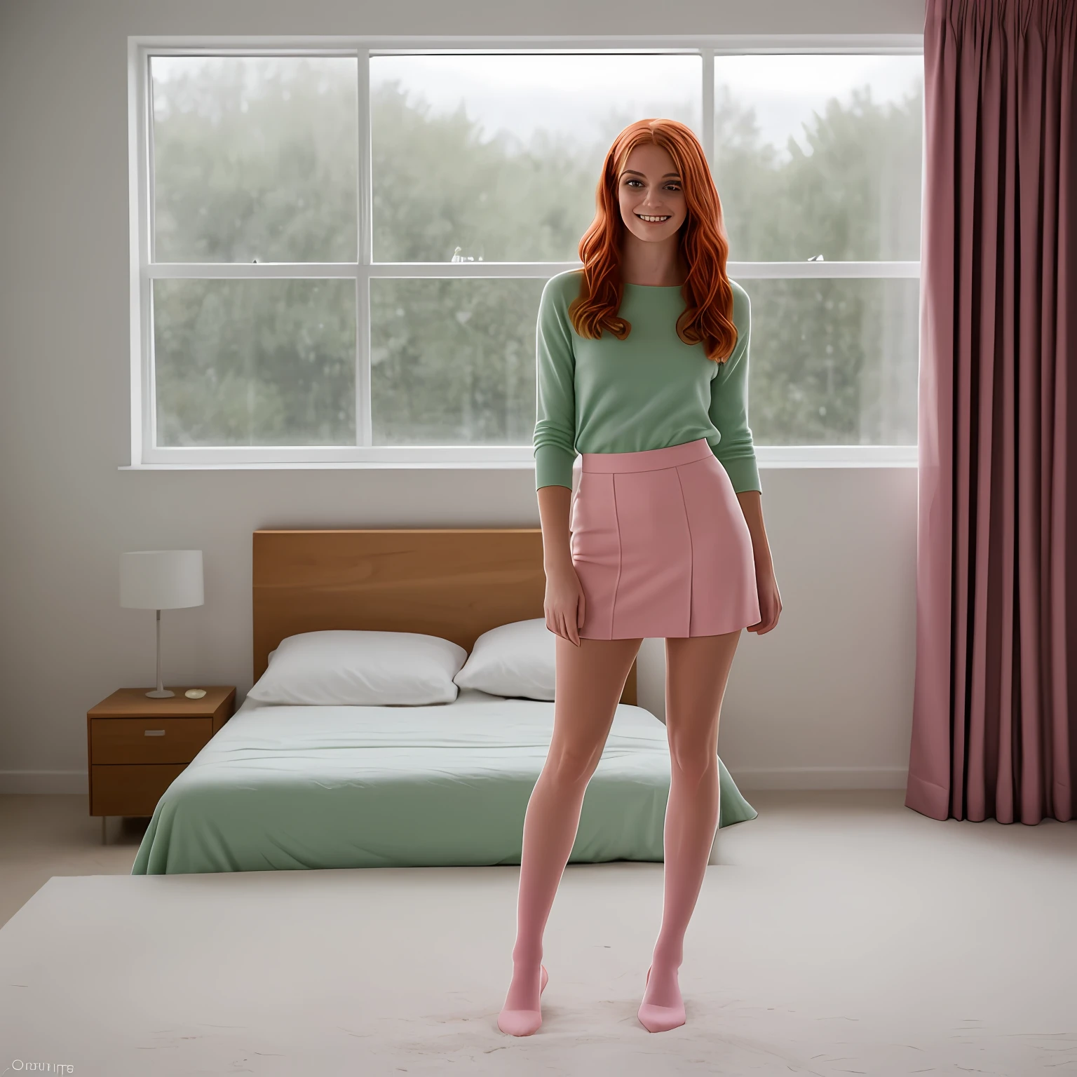 RAW Photo, DSLR BREAK
(kkw-ph1:0.9) BREAK
full body view, feet in view, young 20yo woman, cute smile, daphne Blake, red hair, wearing a short skirt, pink pantyhose, no shoes, bedroom, huge windows, lots of lighting, BREAK
detailed, blowing bubble gum, green bubble gum professional colorgraded