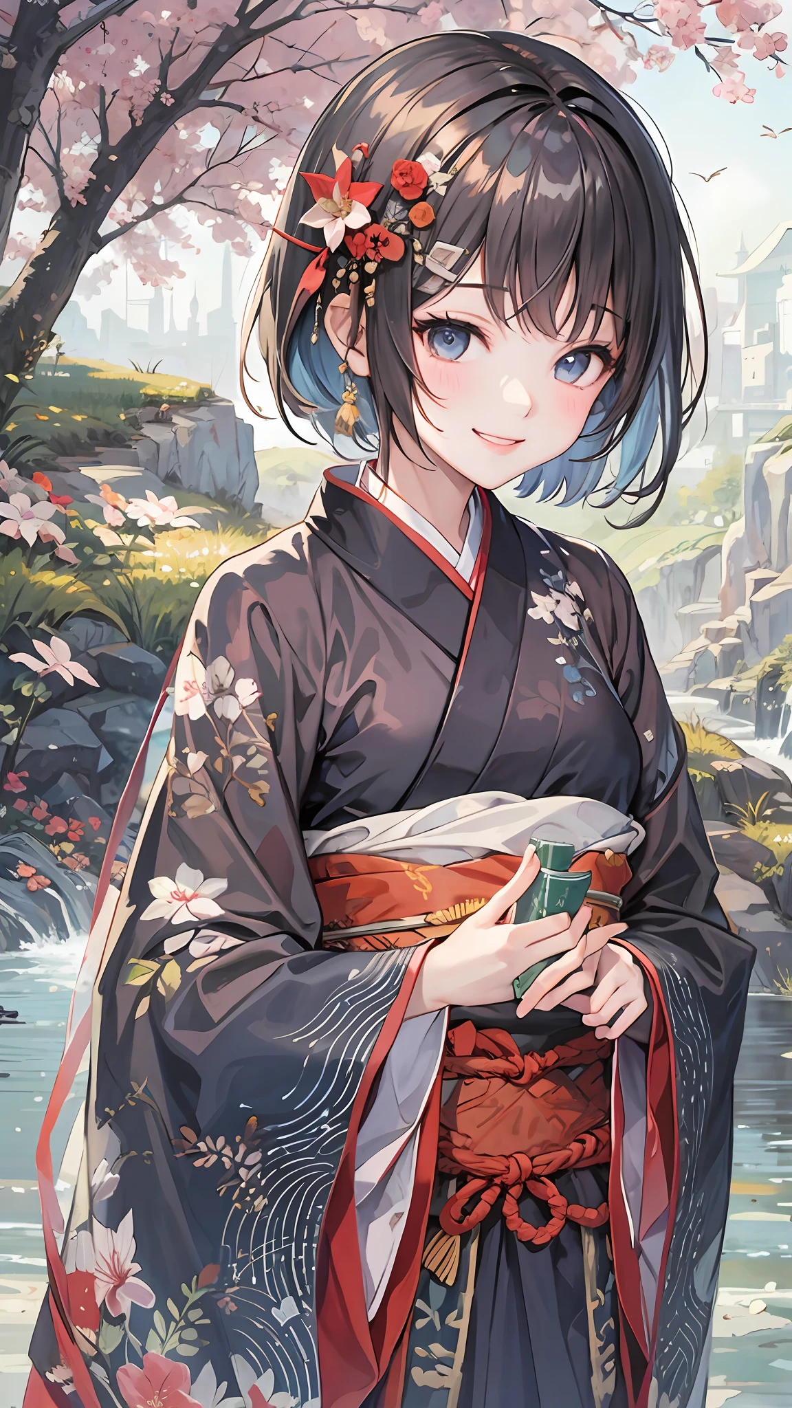(masterpiece),best quality,good anatomy, shuimobysim,(1 girl:1), (upper body),(smile),short hair,(hanfu),(ecchi0.5), (trees:0.5), (flowers:0.6) ,(wooden house:0.2),(bamboo forest:0.2),(creek:0.2),(river:0.2),