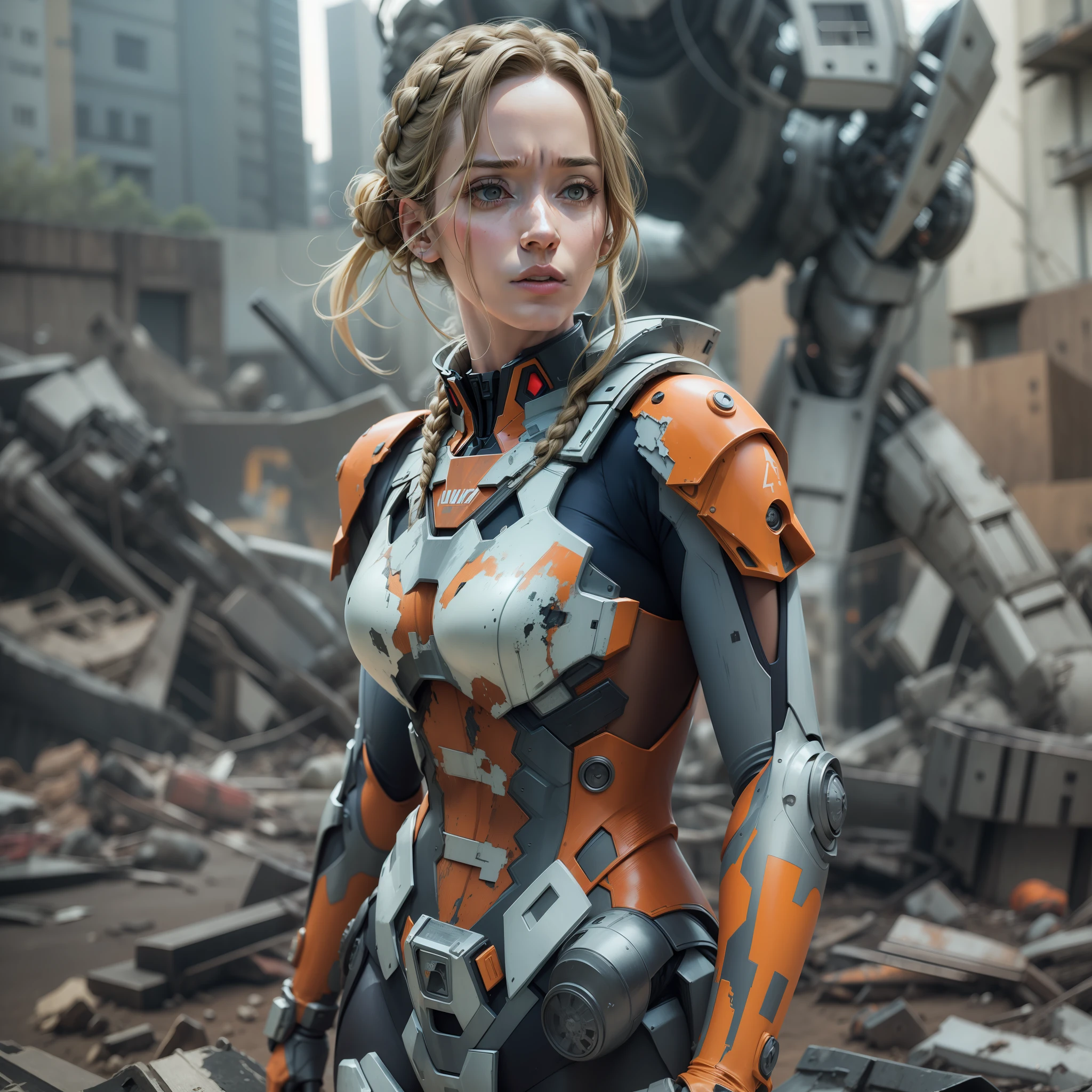 atriz Emily Blunt (Dutch braid hair) com armadura Evangelion em uma cidade pose apocaliptica, Destroyed robot behind her, pose dinamica, olhar serio, combates intensos, foto de corpo inteiro