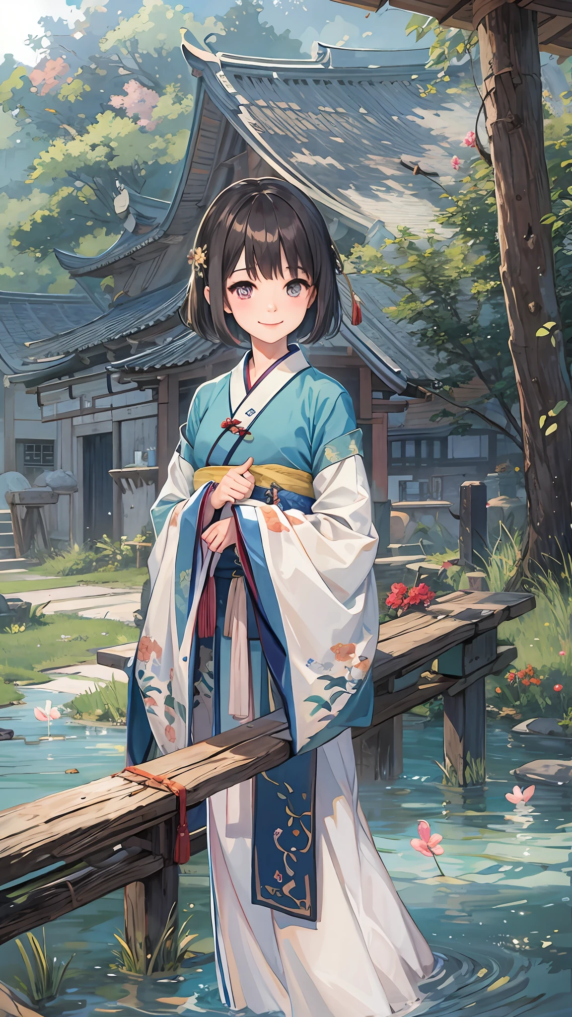 (masterpiece),best quality,good anatomy, shuimobysim,(1 girl:1), (upper body),(smile),short hair,(hanfu),(ecchi0.5), (trees:0.5), (flowers:0.6) ,(wooden house:0.2),(bamboo forest:0.2),(creek:0.2),(river:0.2),