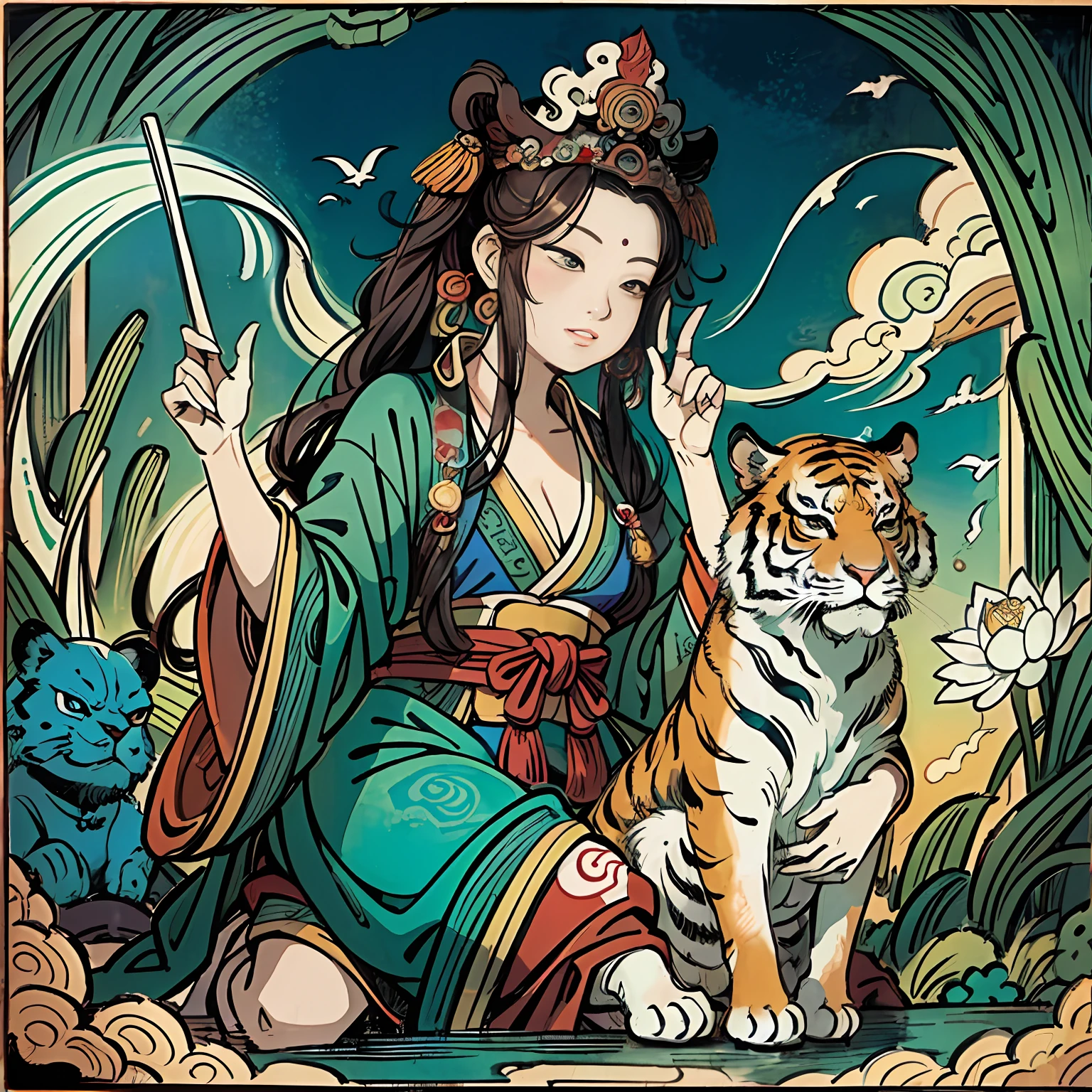 an ancient Chinese goddess, guanyin of the southern seas, Guanyin, Inspired by India, Avalokiteshvara rides a tiger,Serene expression,shui mo hua,Buddha,Buddhist,Lotus,Chinese painting style,Thangka style
