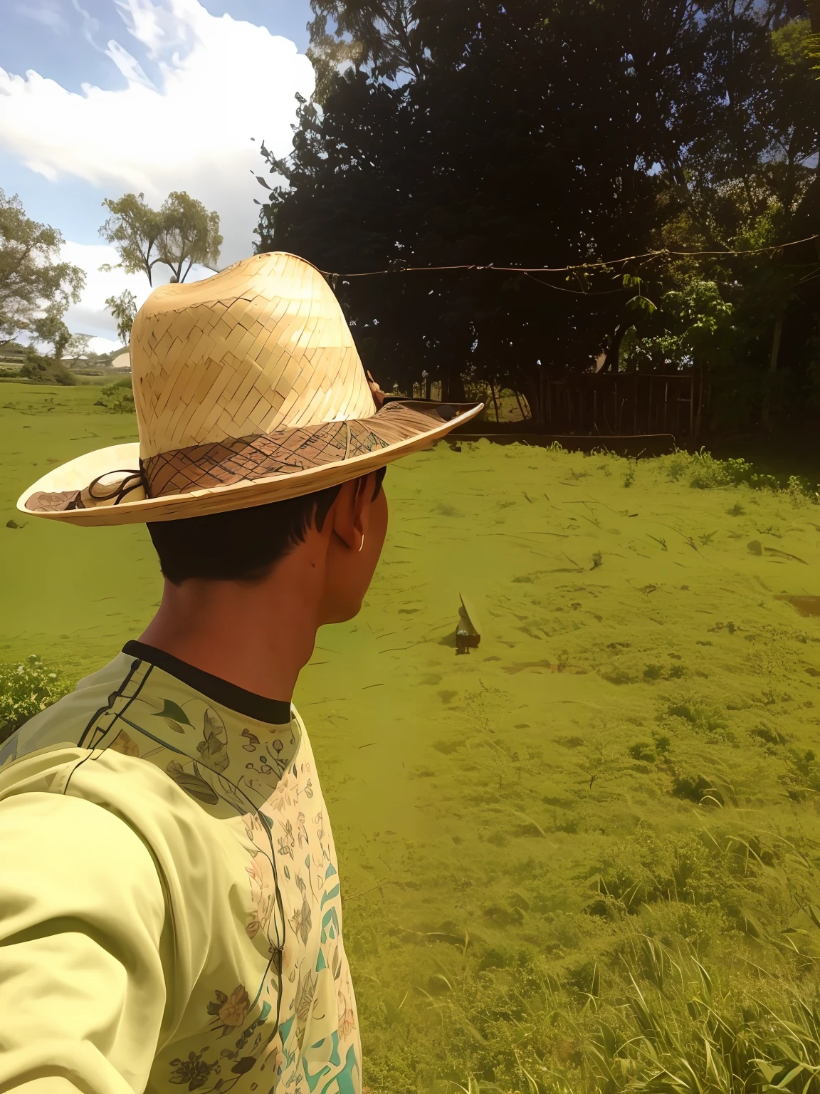 Araffe man in a straw hat standing in a field, wearing straw hat, wearing huge straw hat, wearing a travel hat, he is wearing a hat, tiro traseiro, view of the back, olhando de lado, with straw hat, de lado, straw hat, Tiro em GoPro9, wearing wide sunhat, Photo taken from behind, view of the back