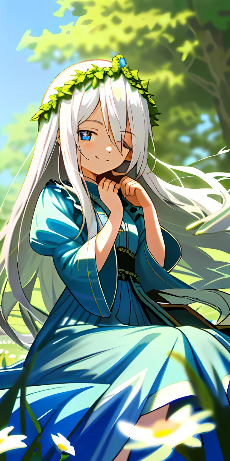 (tmasterpiece,best qualtiy),A long-haired loli with white hair sits in a field of greenery and flowers,She has blue pupils,her hand under her chin,She wears a garland,Cover your right eye,and she smiling,warmly lit,She wore a sky blue dress,Blurred foreground