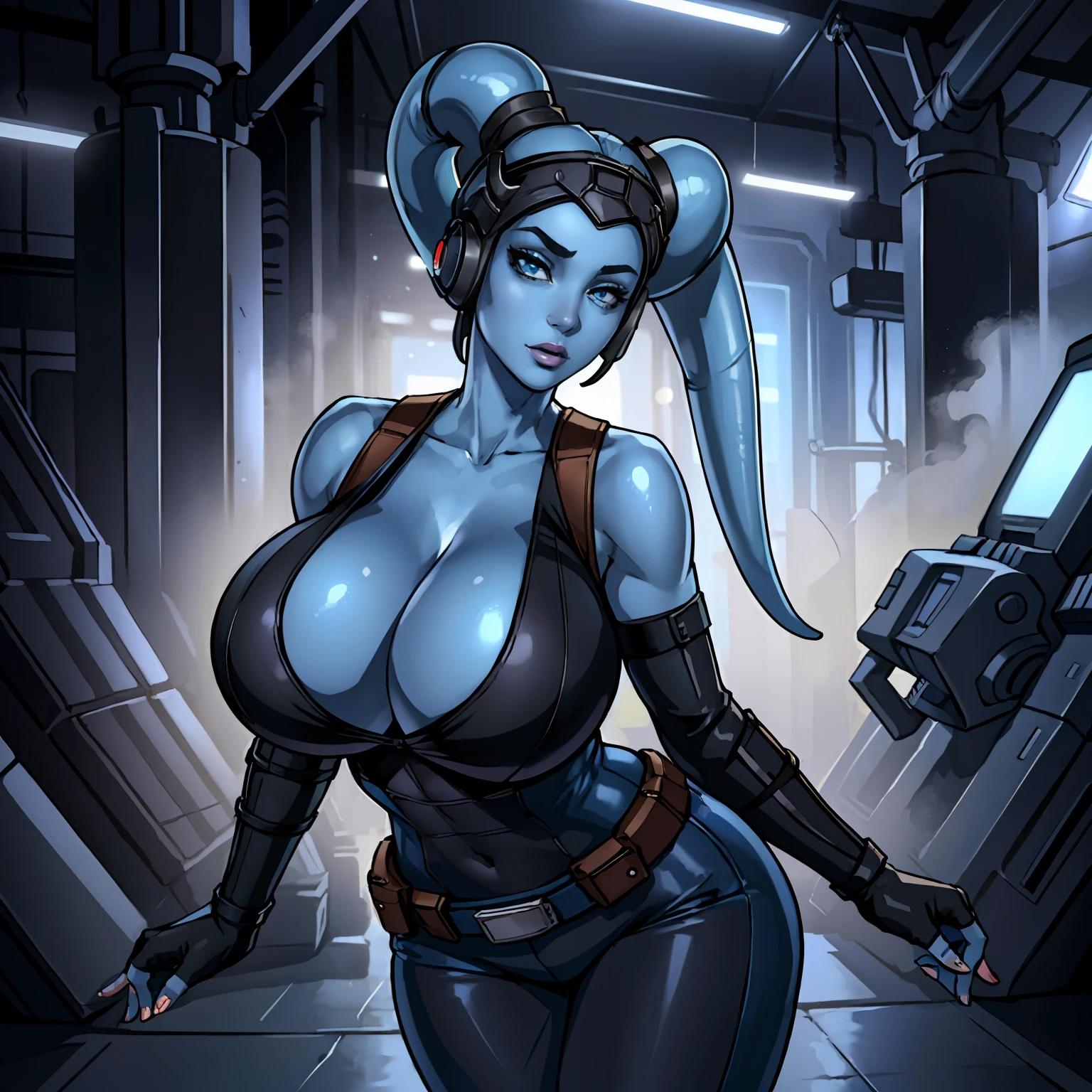 (masterpiece:1.2, best quality:1.2, beautiful, high quality, highres:1.1, aesthetic), detailed, extremely detailed, ambient soft lighting, 4K, perfect eyes, perfect face, perfect lighting, 1girl, (((blue skin)), twi'lek), (wearing black sleeveless shirt, grey utility vest, utility belt, fingerless gloves, tight pants, long boots, ((busty), slender body, thin, slim sexy body, slim waist, slim hips, (((gigantic breasts), big cleavage))), futuristic warehouse, Star Wars,