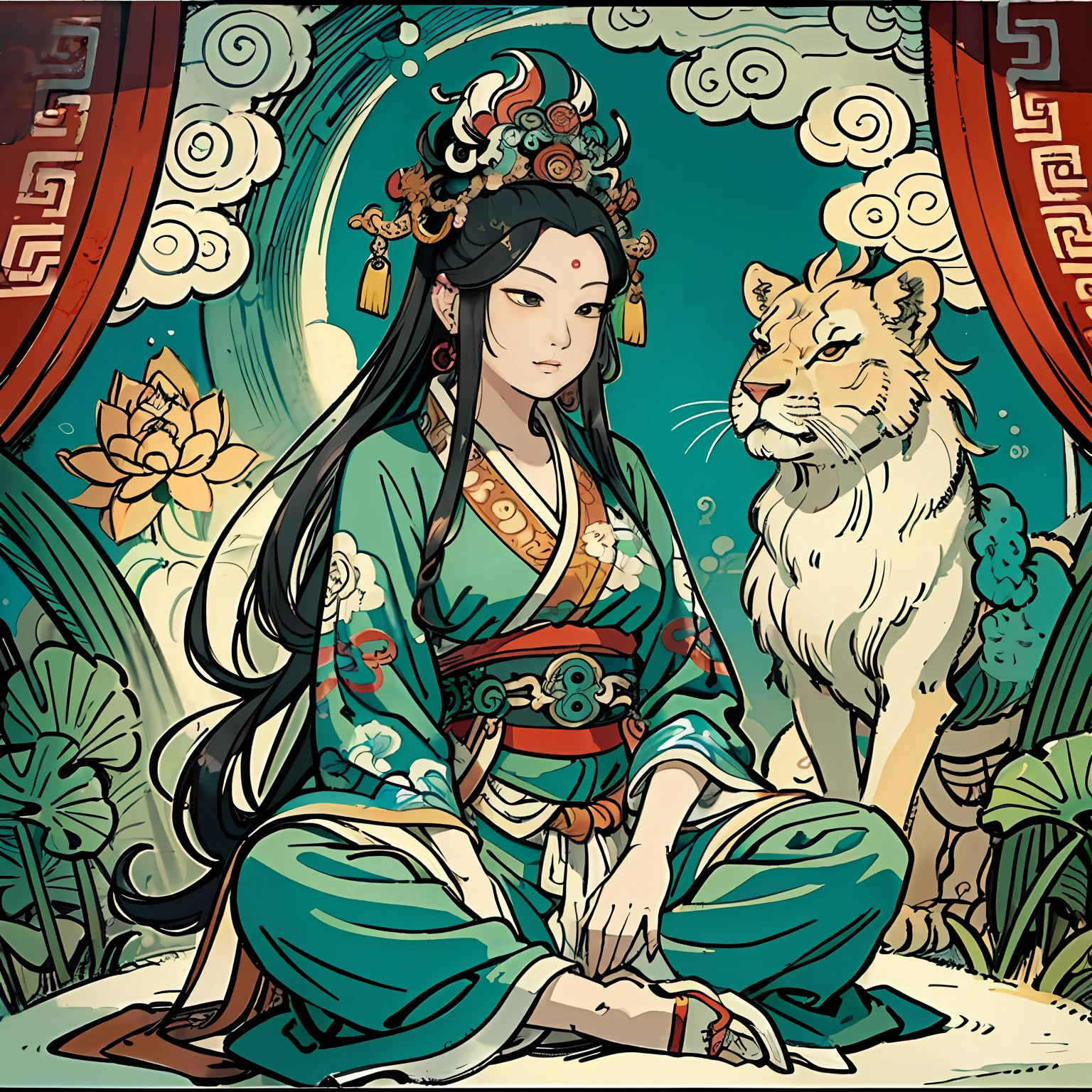 an ancient Chinese goddess, guanyin of the southern seas, Guanyin, Inspired by India, Avalokiteshvara rides a lion,,Serene expression,shui mo hua,Buddha,Buddhist,Lotus,Chinese painting style,Thangka style