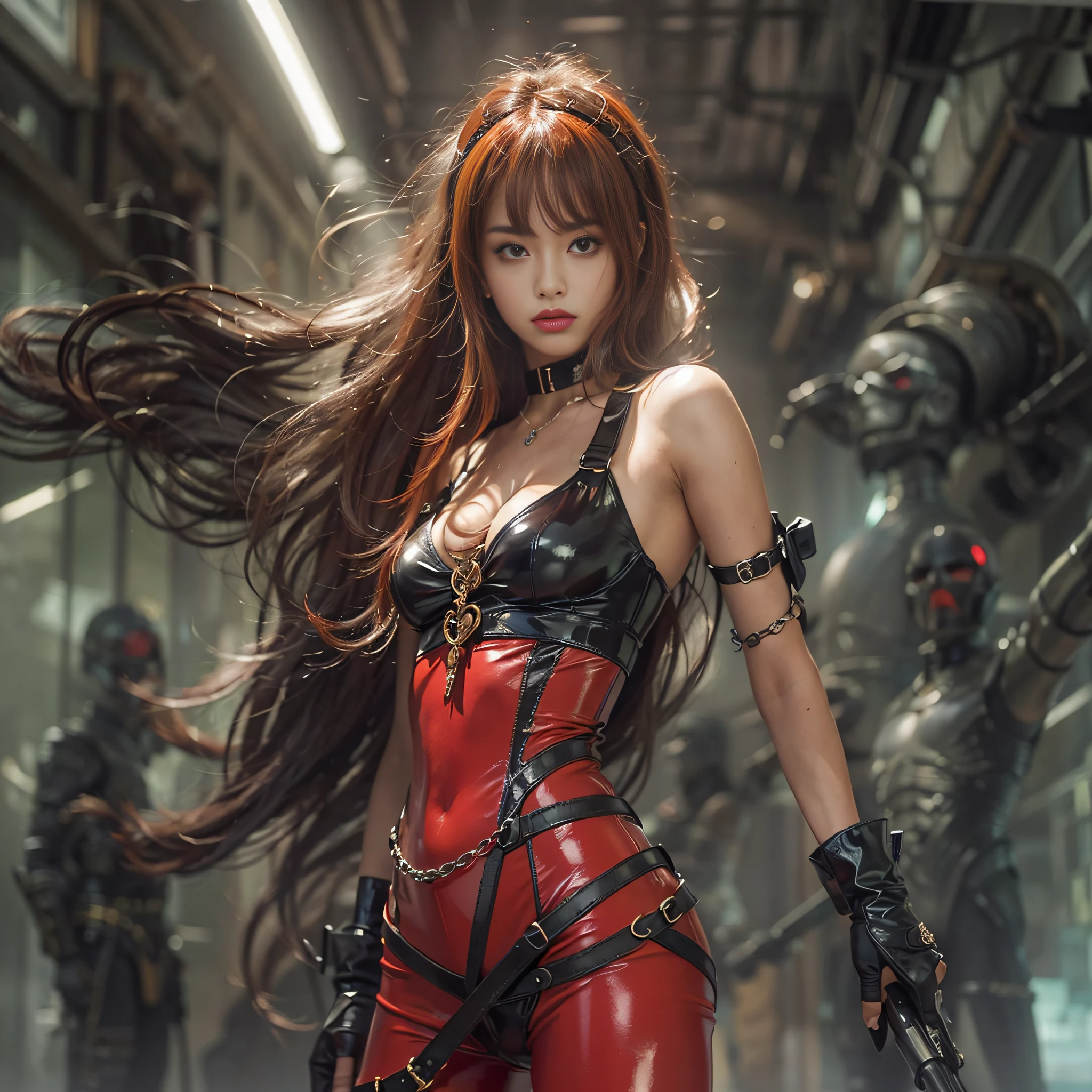 ((masterpiece:1.4)、(top-quality:1.4)、(reallistic:1.7))、Mercenary troops from another dimension、Pretty girl mercenary、Sexy Daughter、1girl in、latex shiny、Latex bodysuit、By Luis Royo、age19、Ultra Ultra Bikini、Looking Back Beauty、Outstanding style、Slender Abs、beauty legs、Beautiful ass、A detailed eye、Raw photo、red-lips、Red high heels、a choker、a necklace、耳Nipple Ring、