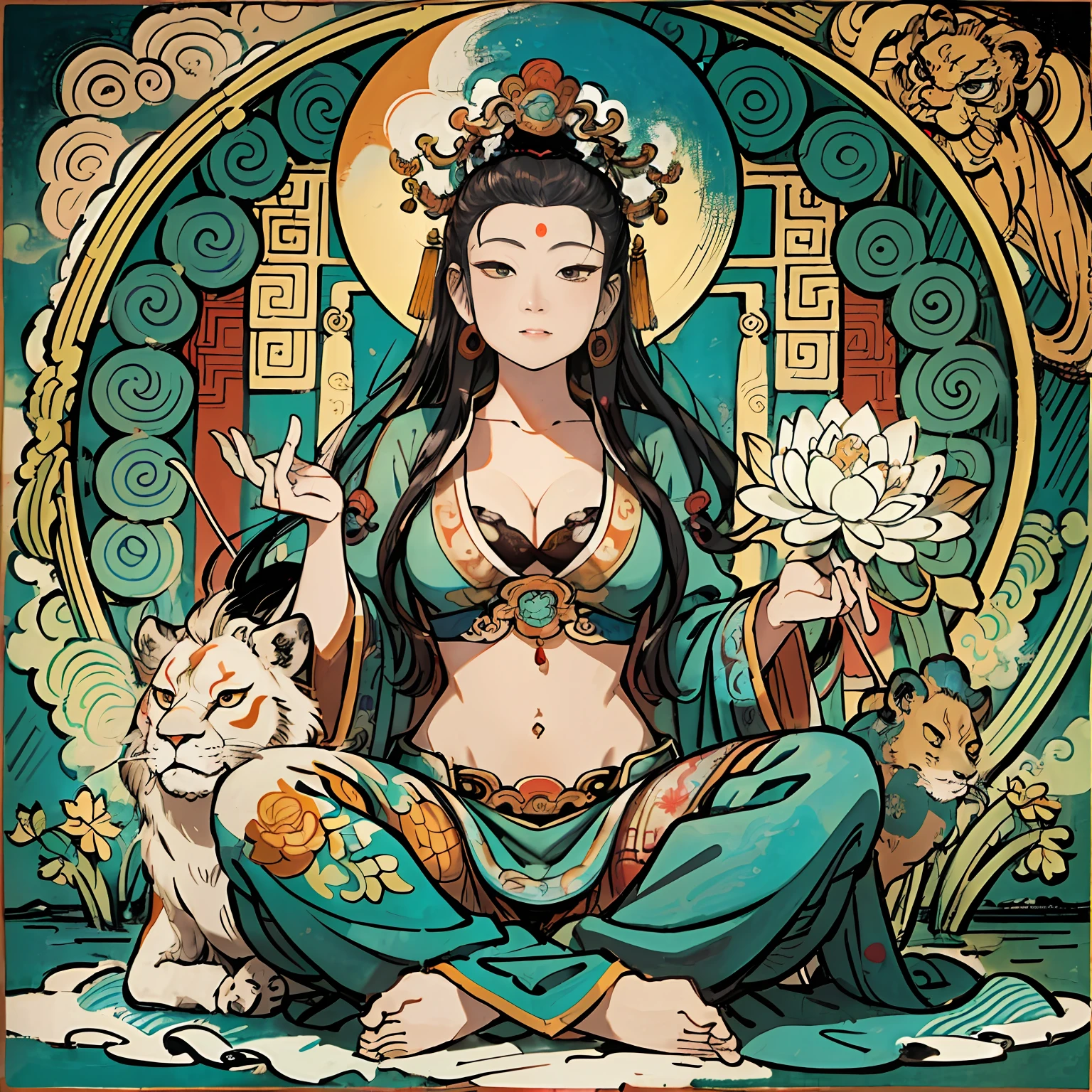 an ancient Chinese goddess, guanyin of the southern seas, Guanyin, Inspired by India, Avalokiteshvara rides a lion，,Serene expression,shui mo hua,Buddha,Buddhist,Lotus,Chinese painting style,Thangka style