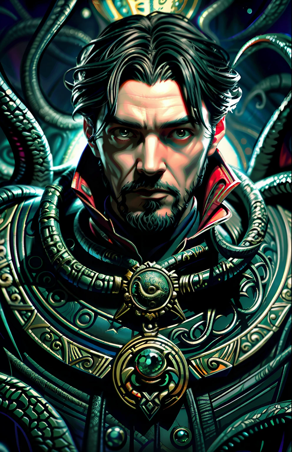tmasterpiece，Close-up of doctor strange wrapped in tentacles，Cunning characters，
Featured Dark Academy，iconic album covers，Cthulhu，Daniel Gerkhaz style ，Surrealist comic book style ，fisheyelens，Limit the viewing angle,4k