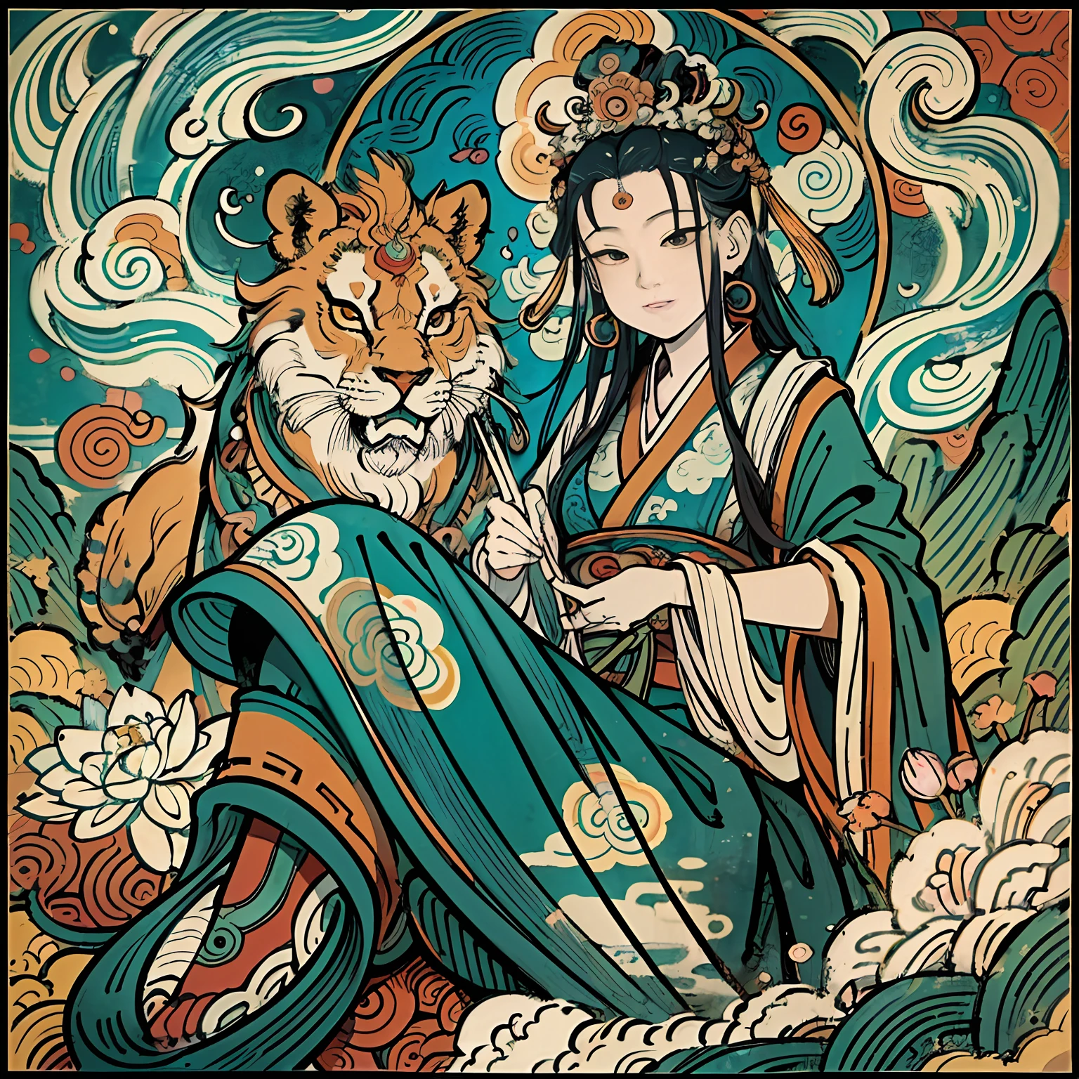 an ancient Chinese goddess, guanyin of the southern seas, Guanyin, Inspired by India, Avalokiteshvara rides a lion，,Serene expression,shui mo hua,Buddha,Buddhist,Lotus,Chinese painting style,Thangka style