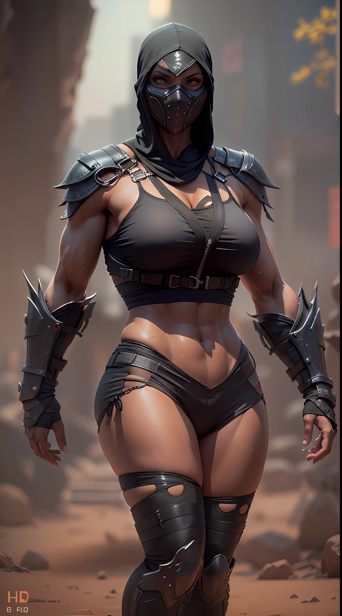 (( ultra-resolution image )), (( HDR PLUS )) , (( ultra-realistic modeling )), high-resolution , ((8k )), tall female, 37 years old, athletic body , physique ( Noob Saibot Mortal Kombat ), cyberpunk outfit, full breasts , sweaty , desert ruins.