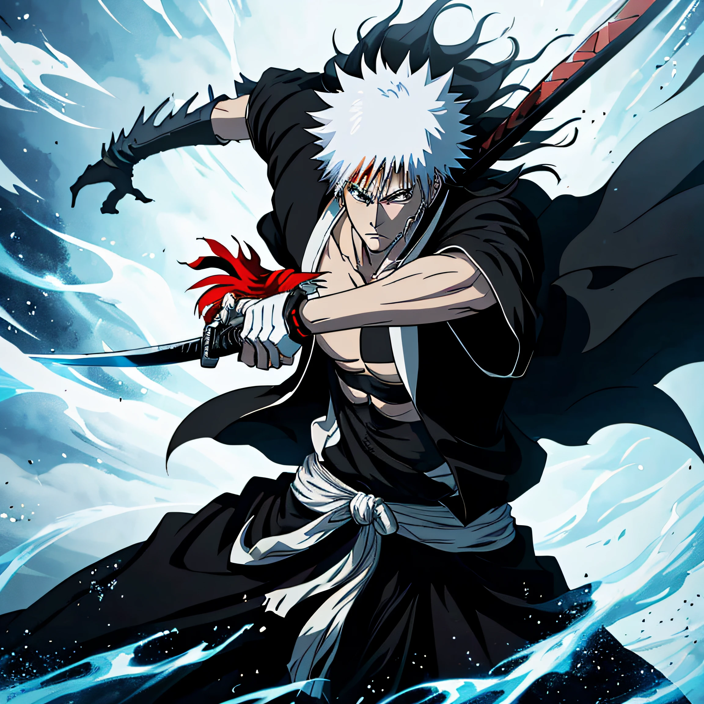 (masterpiece, best quality:1.2),1boy,solo, Ichigo kurosaki,holding a black katana,badass pose,bleach, powerful aura,red aura,8k,64k, HD, unparalleled masterpiece, dynamic lighting, cinematic, epic, highest quality digital art, Stunning art, wallpaper 4k, official art for bleach,art by Tite Kubo, absolutely stunning art