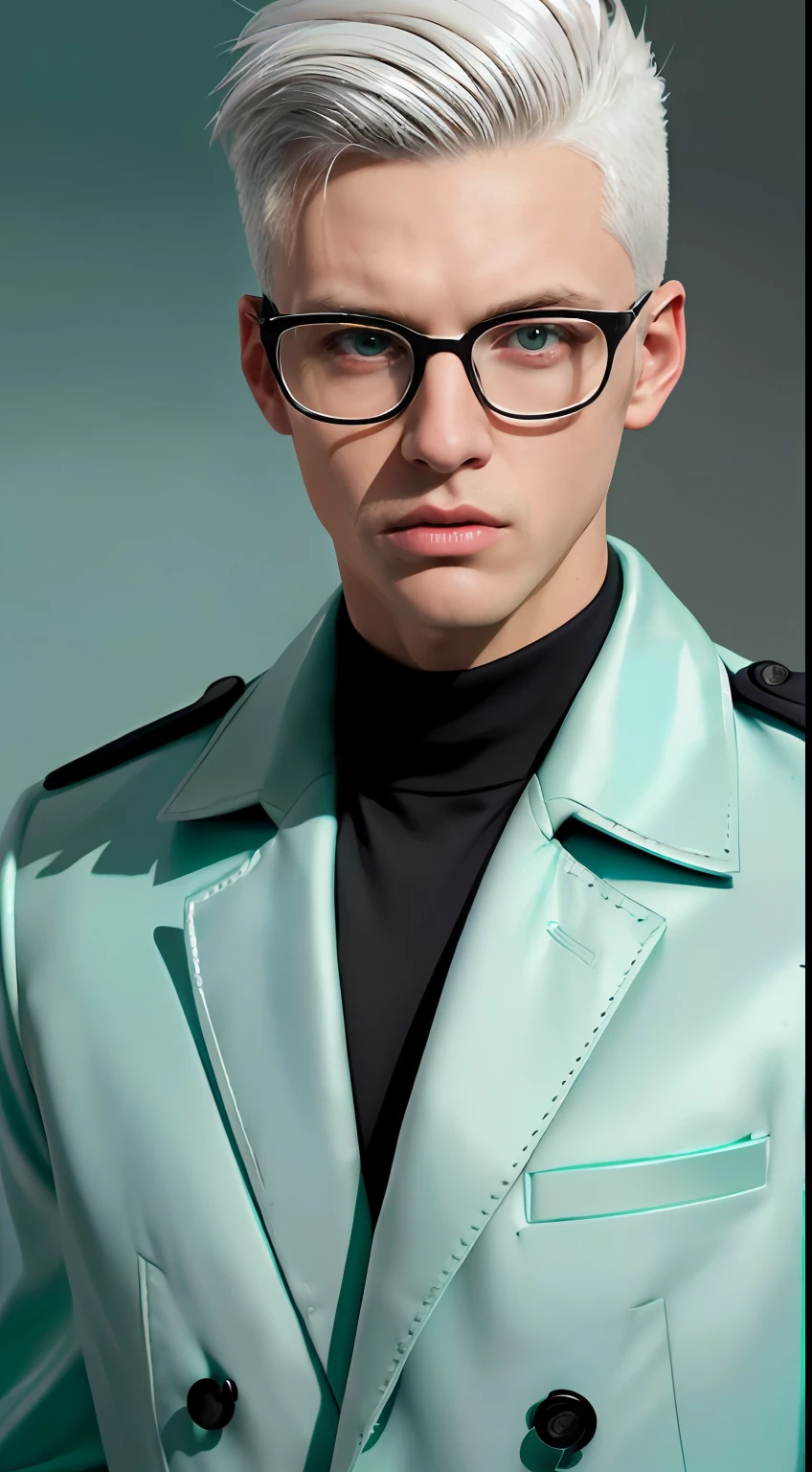 (Character: one man, (20 years old), platinum hair, clean-shaven, slim body)
(Clothing: mint green explorer coat, glasses)
(Pose: detailed portrait, perfect proportions, (face detailed), portrait, close, close-up, hyperdetailed)
(simple background)
(((masterpiece:1.5)),, photo-realistic:1.3, hyperrealistic, , high contrast, soft lighting)