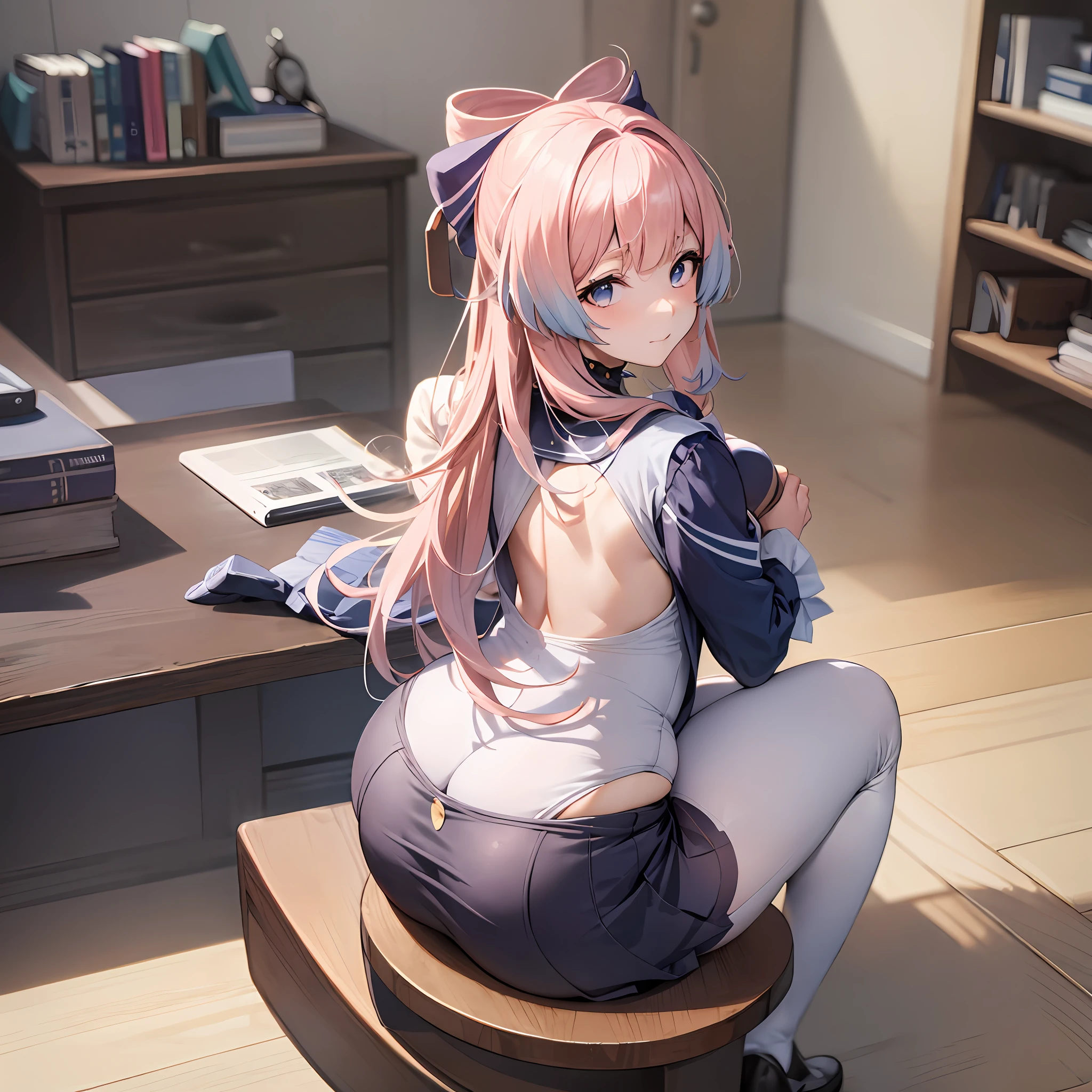 anime girl in a tight pantyhost sitting at a desk, (sfw) safe for work, pink hair, beautiful anime girl squatting, bending over, seductive anime girl, thicc, [ 4 k digital art ]!!, smooth anime cg art, on a desk, 2 b, 2b, a hyperrealistic schoolgirl, hyperrealistic schoolgirl, noire moody scene