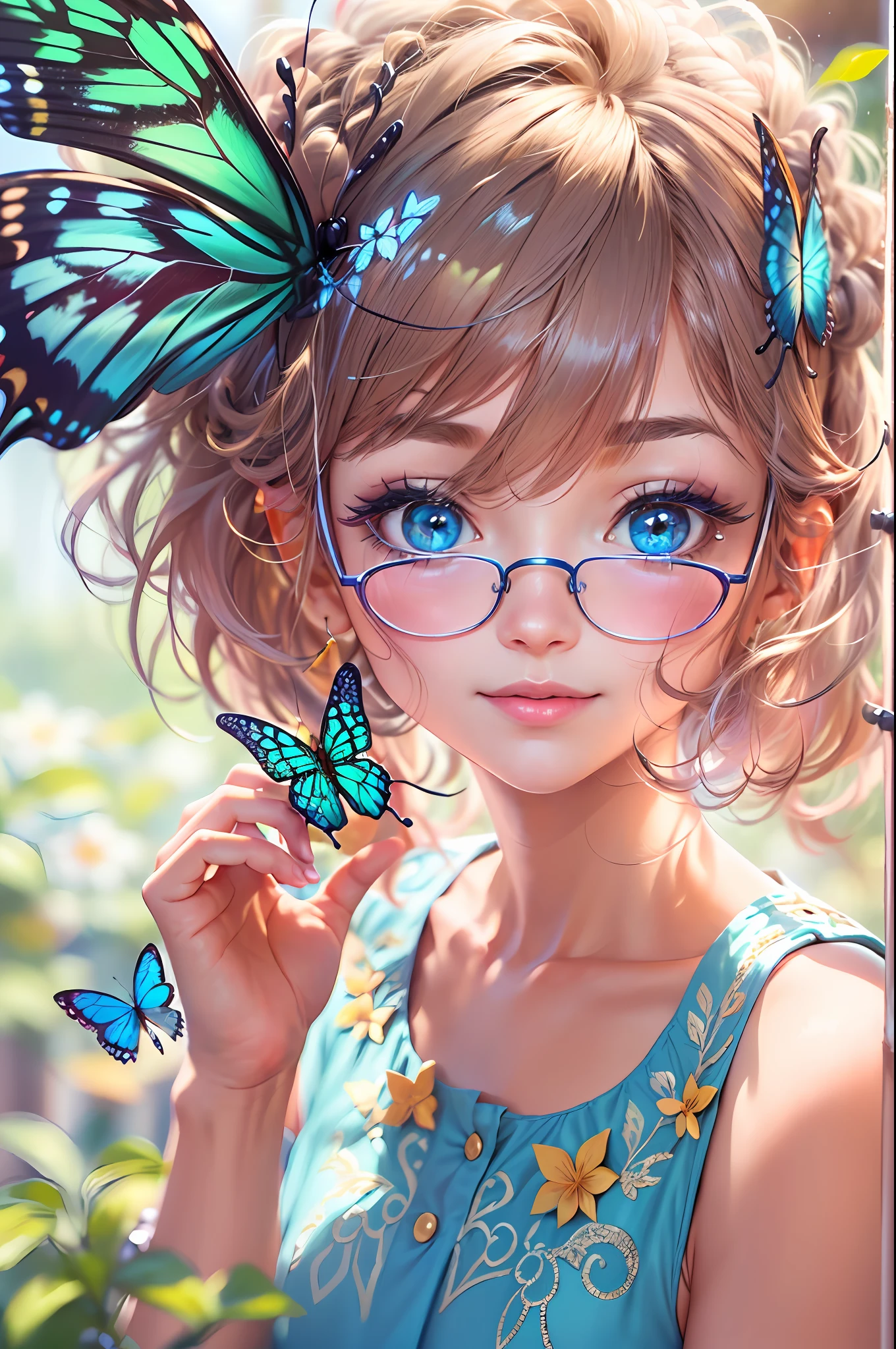 (highres, high lighting, 4k), blue rimmed glasses, long face, 1girl, face, detailed face, blue eye, garden, very short hair, she has a butterfly on her head, close up face, sun in mid day, smile, :), looking at viewer, close - up intensity, blue dress, eyes half closed,