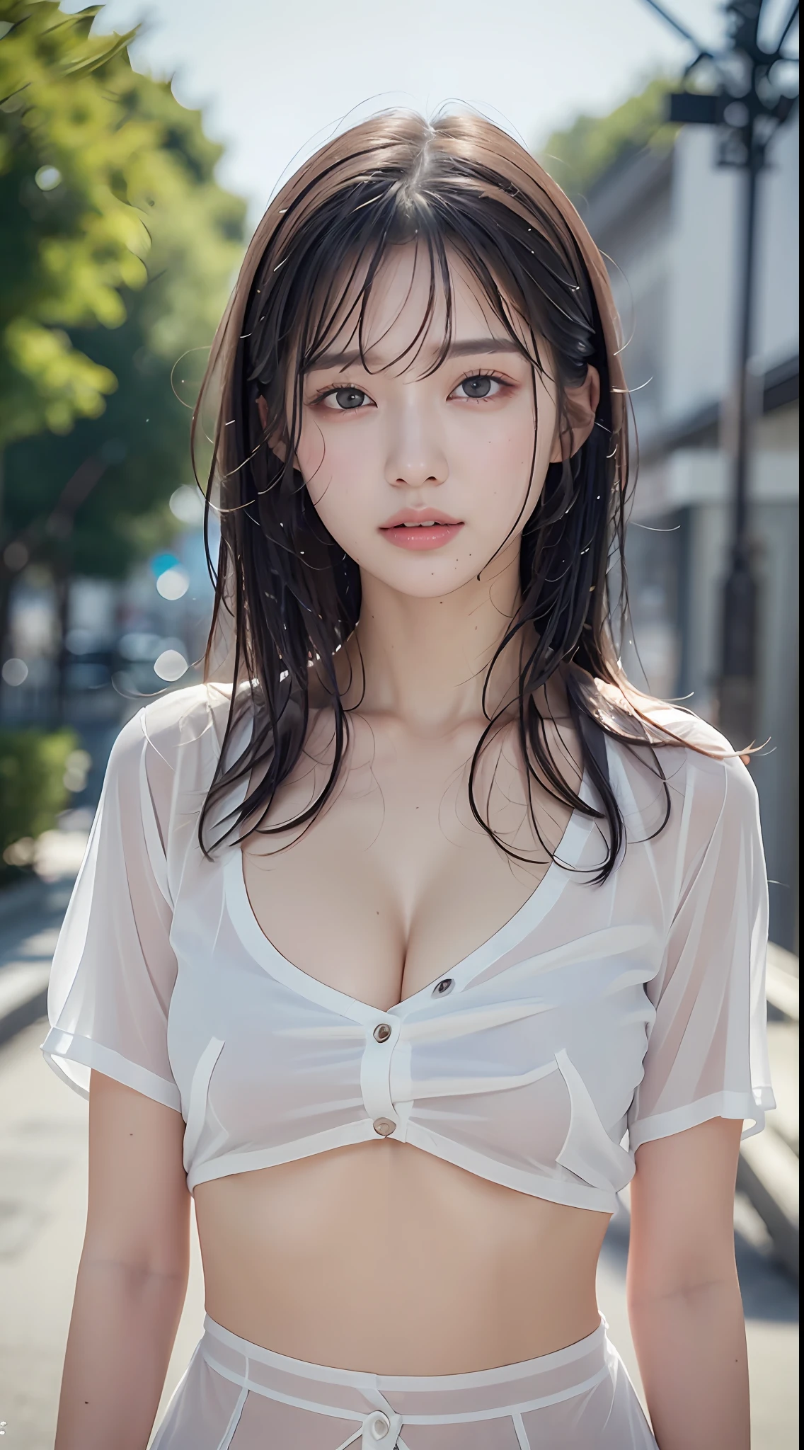 ((Best Quality, 8K, Masterpiece: 1.3)), Sharp: 1.2, Perfect Body Beauty: 1.4, Slim Abs: 1.2, ((Layered Hairstyle, Big Breasts: 1.2)), (Wet White Button Long Shirt: 1.1), (Rain, Street: 1.2), Wet: 1.5, Highly Detailed Face and Skin Texture, Detailed Eyes, Double Eyelids, Looking at the Camera