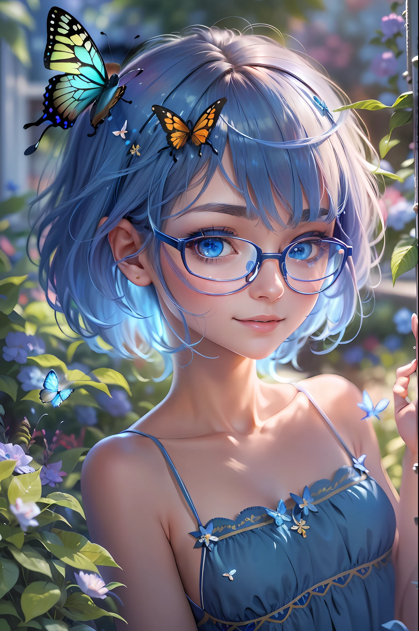 (highres, high lighting, 4k), blue rimmed glasses, long face, 1girl, face, detailed face, blue eye, garden, very short hair, she has a butterfly on her head, close up face, sun in mid day, smile, :), looking at viewer, close - up intensity, blue dress, eyes half closed,