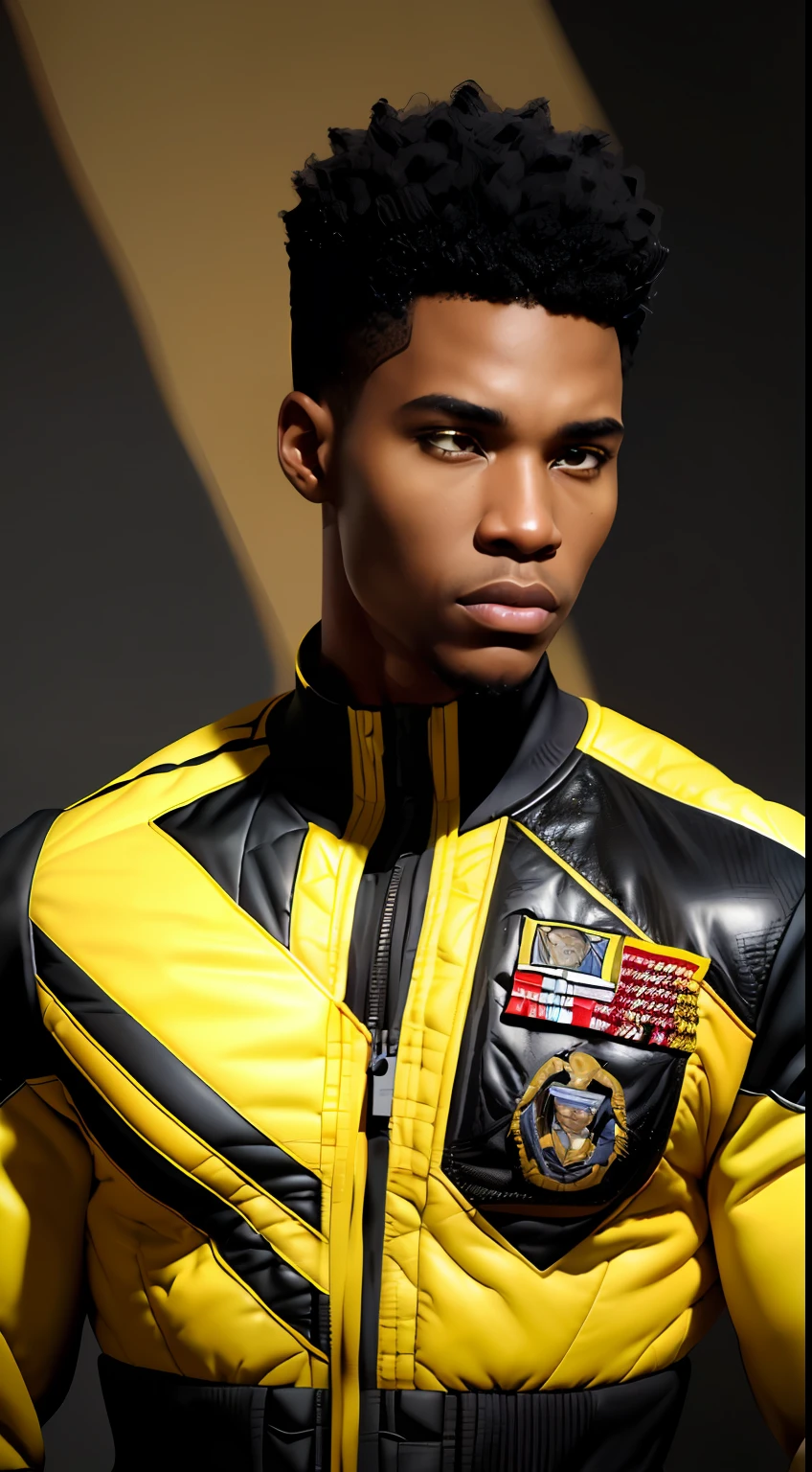 (Character: one afro-american man, military, black short hair, (athletic body))
(Clothing: yellow jacket)
(Pose: detailed portrait, perfect proportions, (face detailed), portrait, close, close-up, hyperdetailed)
(simple background)
(((masterpiece:1.5)),, photo-realistic:1.3, hyperrealistic, , high contrast, soft lighting)