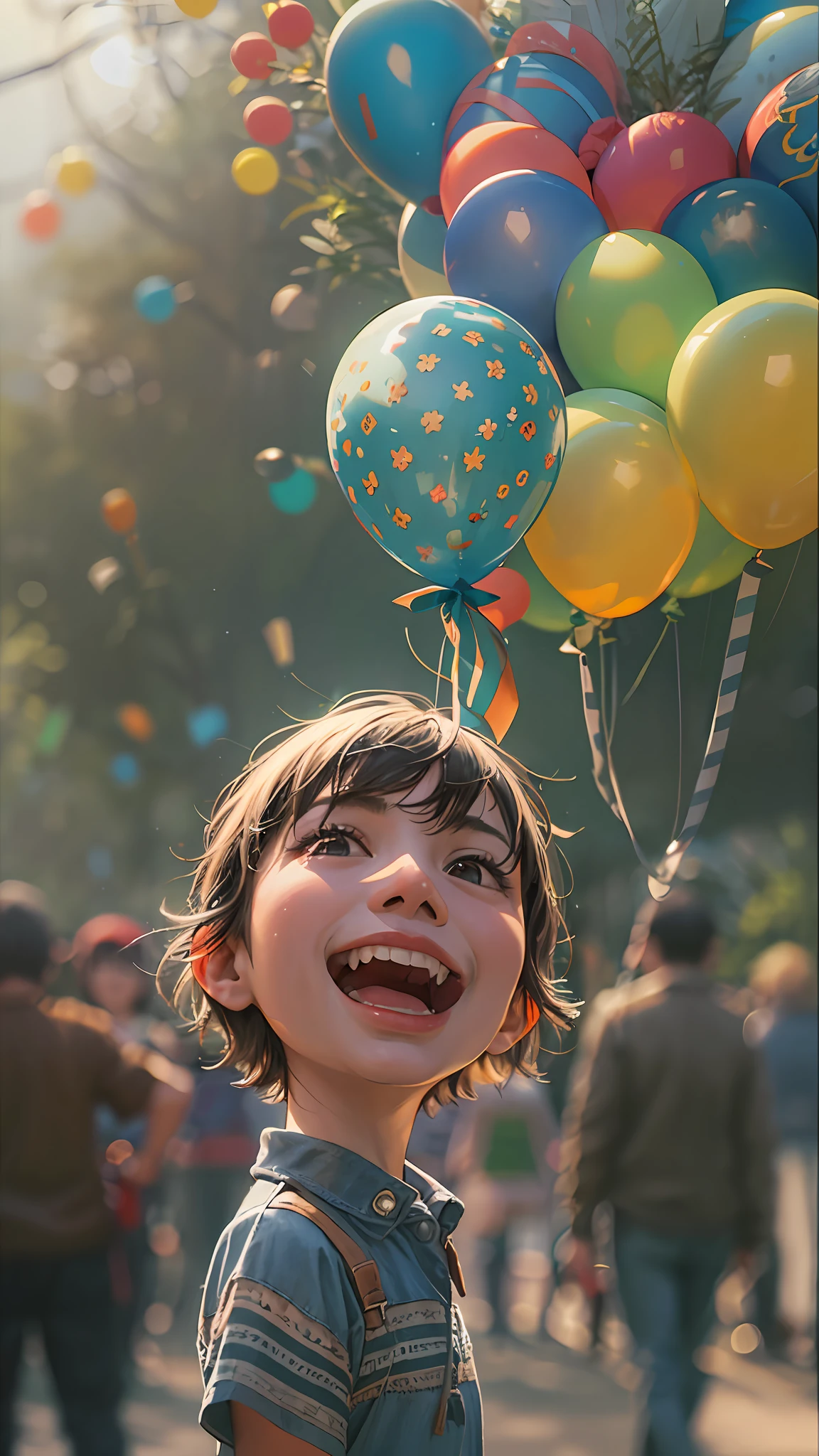 A boy, zoo, many balloons, happy, happy, perfect quality, clear focus (clutter - home: 0.8), (masterpiece: 1.2) (realistic: 1.2) (bokeh) (best quality) (detailed skin: 1.3) (intricate details) (8K) (detail eyes) (sharp focus), (happy)