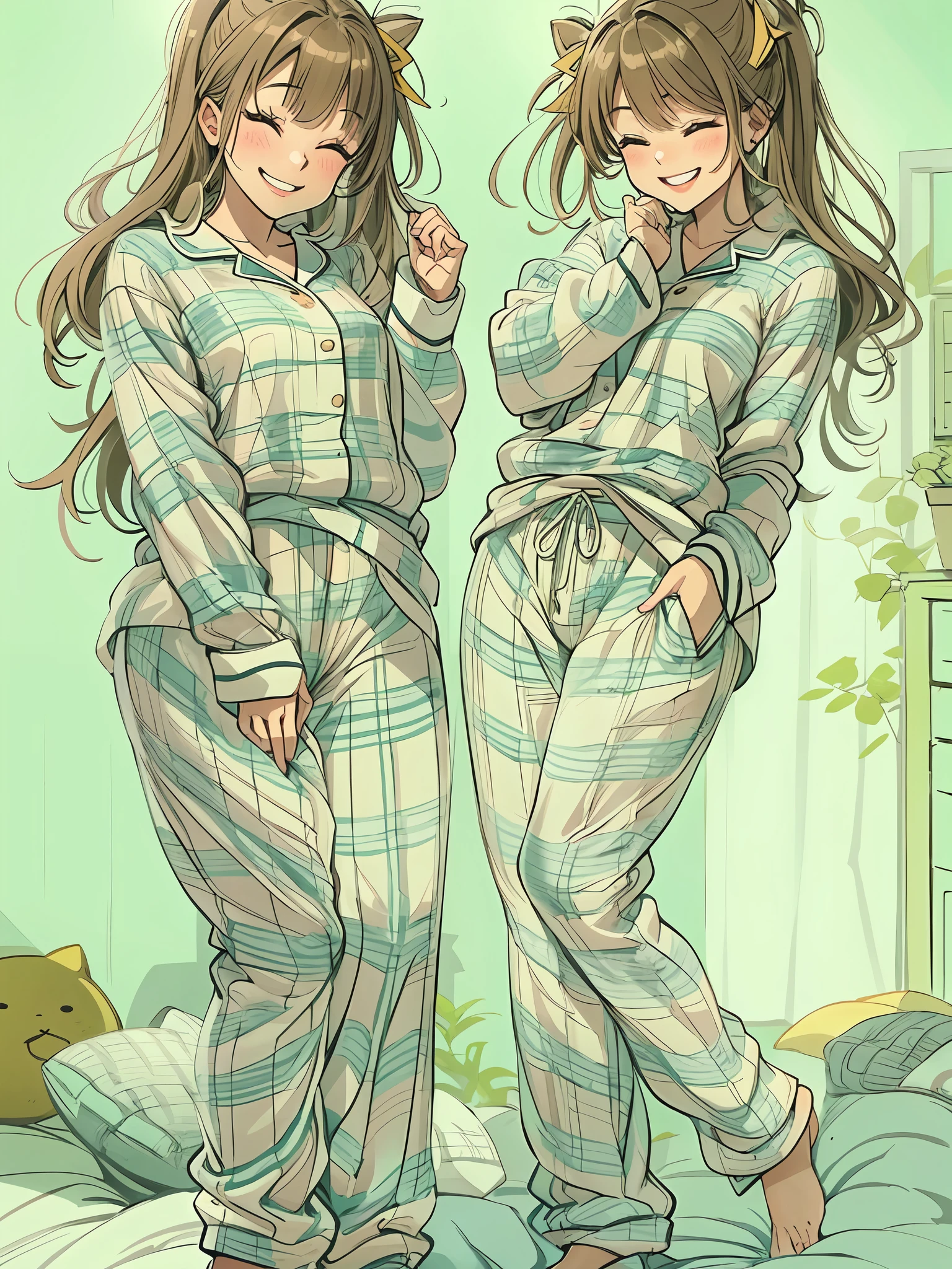 Cute girl, 18 years old, tight pyjamas, smiling, tired