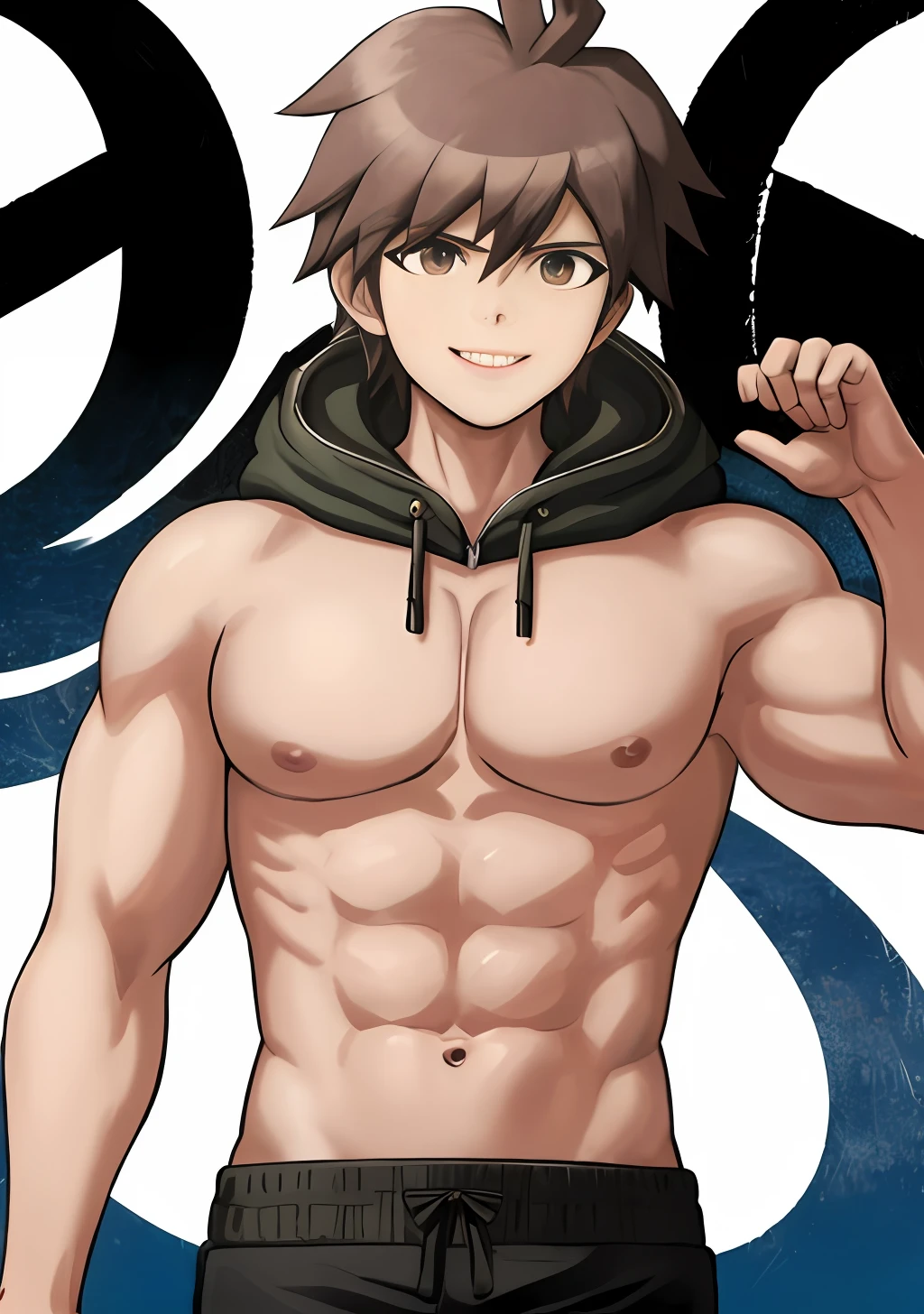 masterpiece, best quality, 1boy, black jacket, hood, ahoge, short hair, brown hair, black pants, smile, hands up, simple background, white background, upper body Muscular body, Imposing body, Imposing appearance, muscular arms, muscular legs, only body, trapezoid torso, sturdy body, muscular body, defined round and fleshy pecs, defined washboard ABS, defined arms, defined legs, flexing his muscles