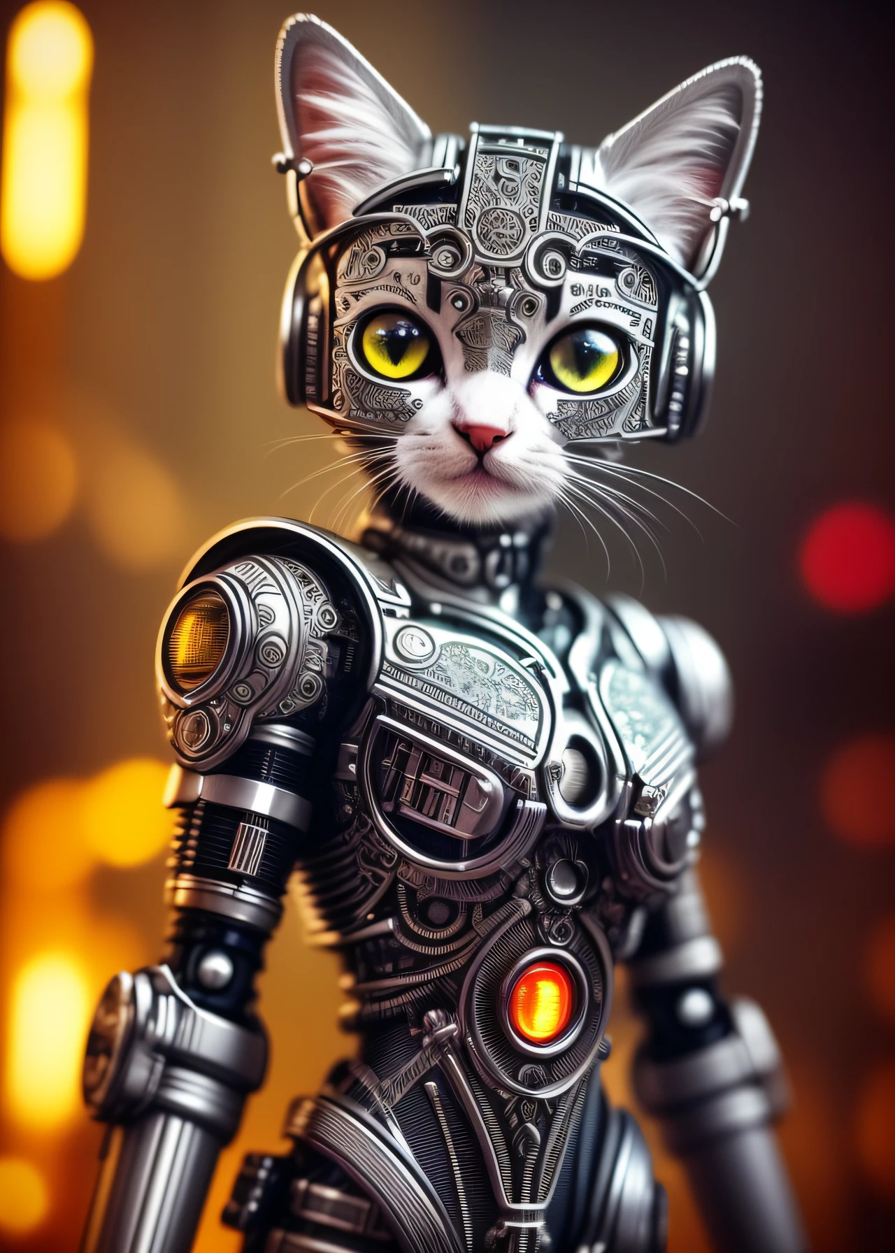 a cute kitten made out of metal, cyborg, cyberpunk style, ((intricate details)), hdr, ((intricate details, hyperdetailed)), cinematic shot, vignette