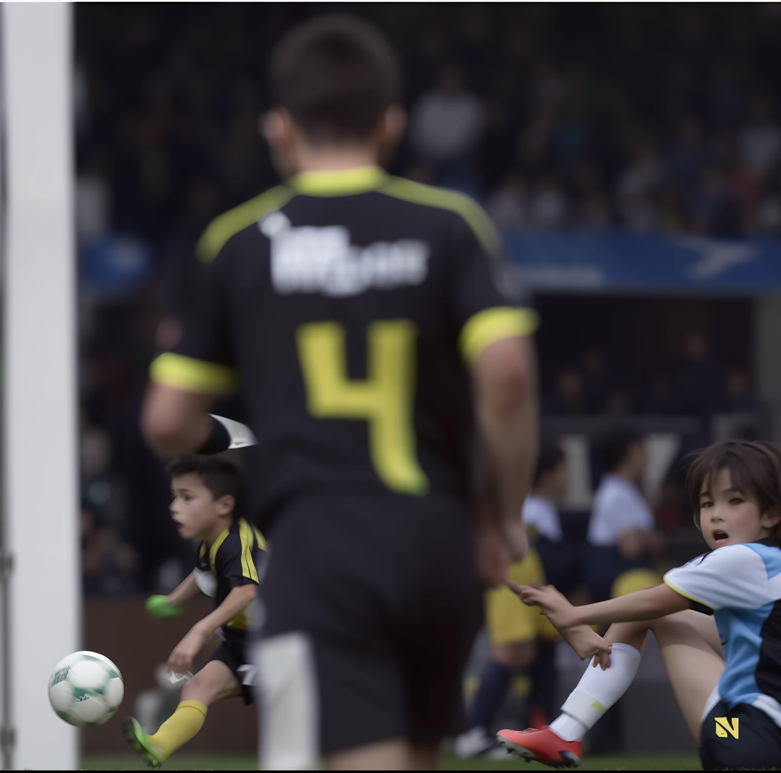 brunette child soccer player in black and yellow uniform running on his back, foto descoberta, foto imagem muito coerente, fotografado acidentalmente, imagem real, leve desfoque