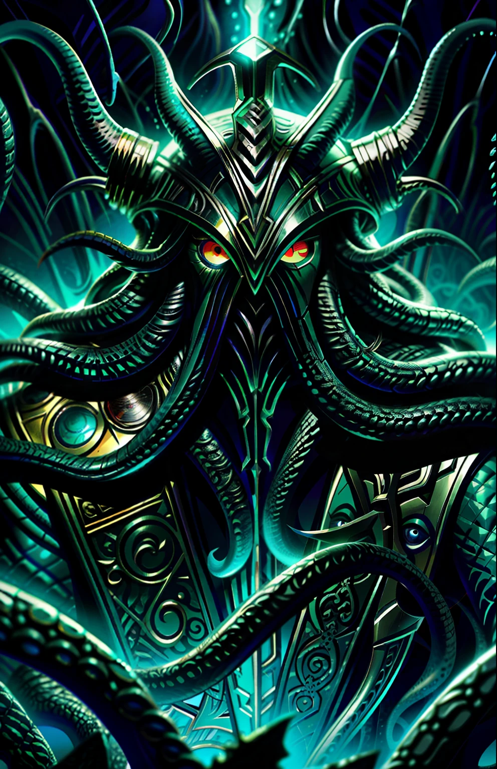 tmasterpiece,Close-up of Thor wrapped in tentacles,Cunning characters,
Featured Dark Academy,iconic album covers,Cthulhu,Daniel Gerkhaz style ,Surrealist comic book style ,fisheyelens,Limit the viewing angle,4k