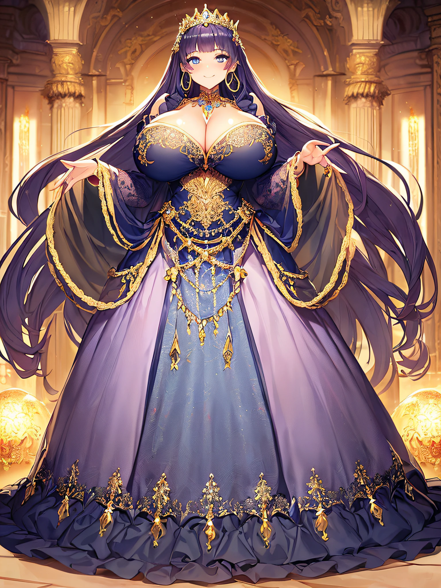 ((anime artstyle)),(Masterpiece),(Best Quality), (Super Detail),((Very Delicate and Beautiful)),((Solo)),((full body)),(((1 bling-bling princess in beautiful embroidery and jeweled gorgeous rococo ball gown dress with full length hoop skirt))),((bling-bling)),Long train,(bling-bling gorgeous gemstone jewelry),detailed face and eyes,jewel-like eyes,(seductive smile),((extremely voluminous Very Long Hair,Straight Hair)),((gigantic tits,Long tits)),cleavage,(gorgeousfull embroidery and lace),gorgeous corsage,See-through,extremely gorgeousfull hair ornament,bling-bling extremely gorgeousfull jeweled tiara,ornate ruffles,(hoop skirt,crinoline),Dynamic Angle,Looking at viewer,((beautiful embroidery and jeweled extremely gorgeous rococo ball gown dress with full length hoop skirt))