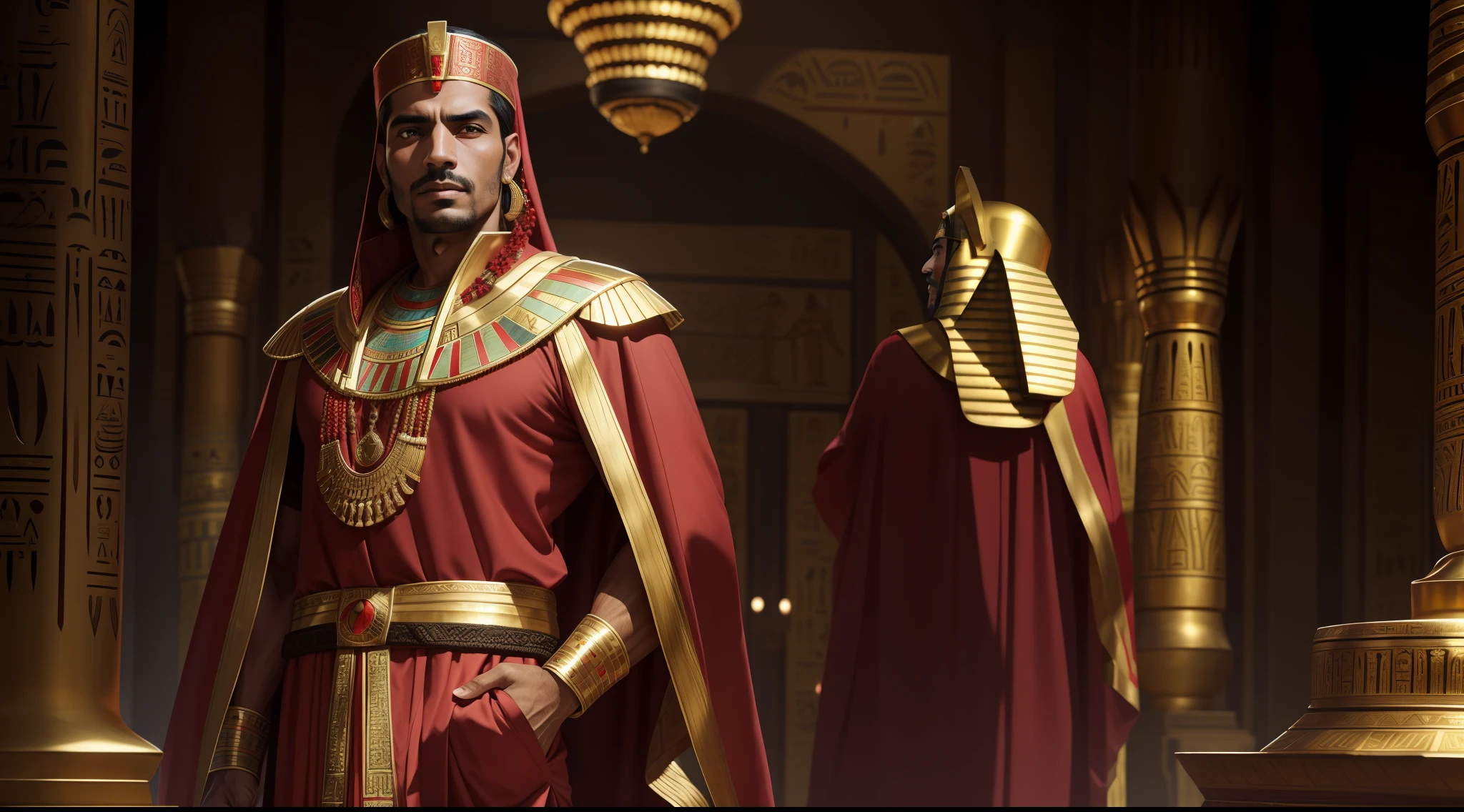 "An Egyptian man with a scarlet robe with intricate golden embroidery, exuding an aura of ancient elegance and regal majesty."